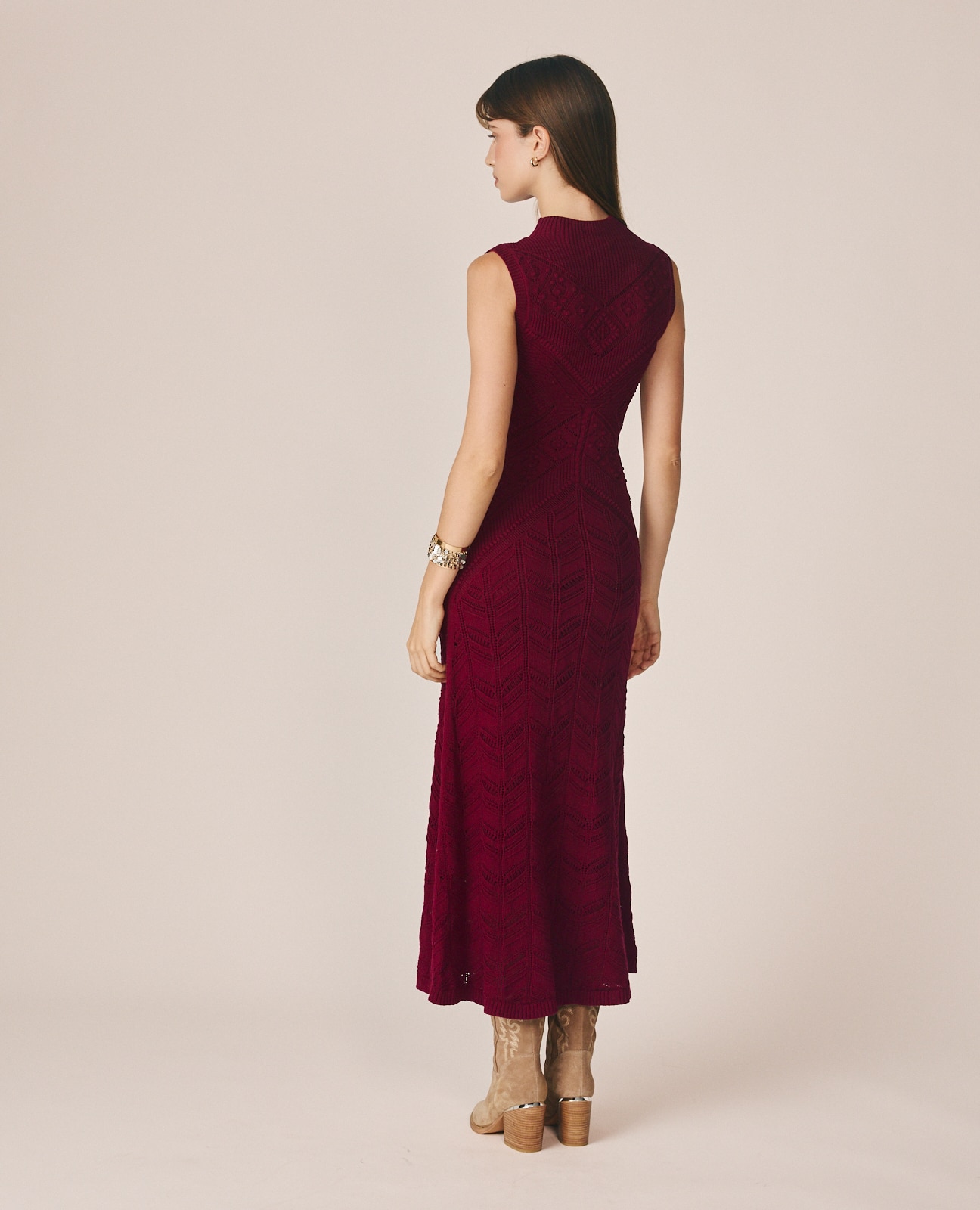 Vestido Comprido Perfurado sem Mangas Bordeaux-6