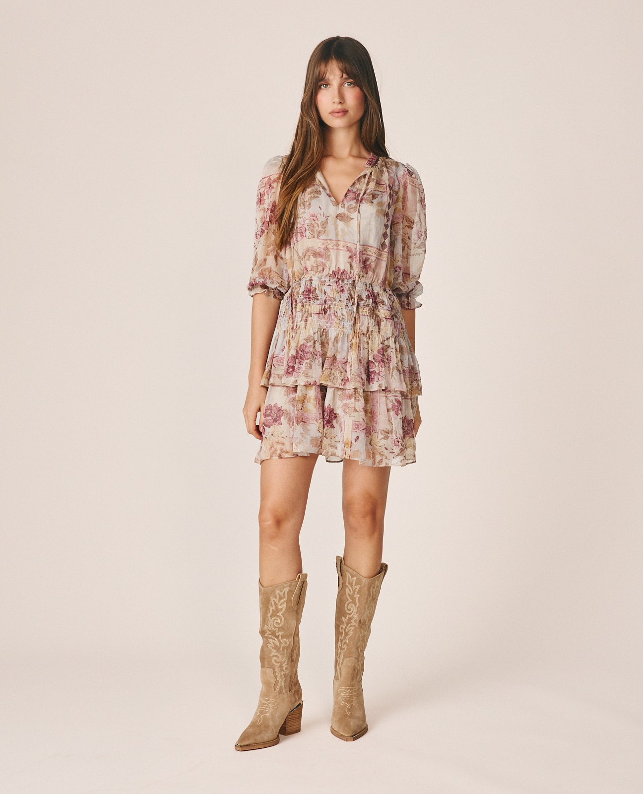 Vestido Curto com Manga 3/4 e Estampado Floral Bege-2
