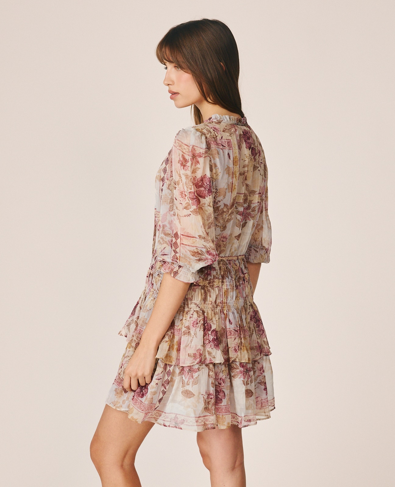 Vestido Curto com Manga 3/4 e Estampado Floral Bege-6