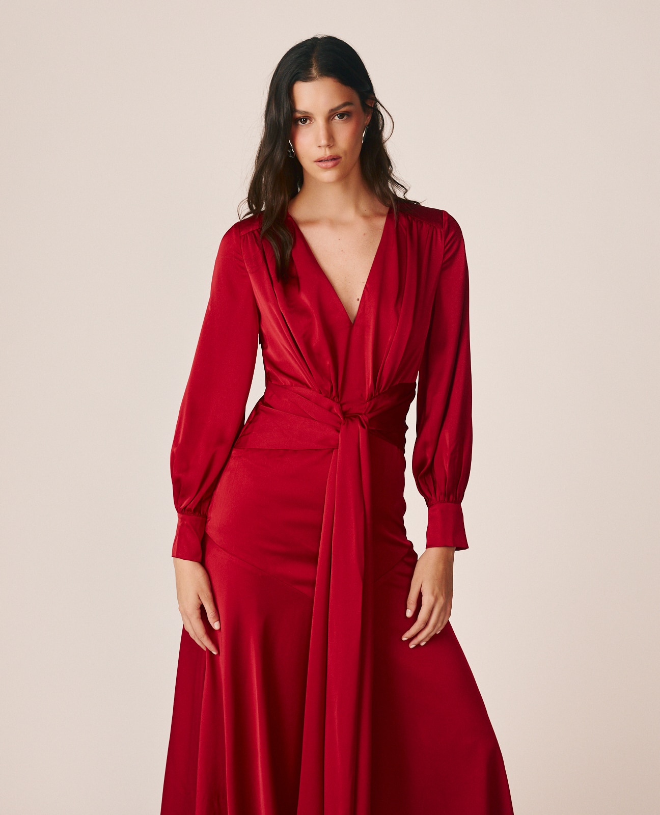 Vestido Comprido com Gola em V e Laçada na Cintura Vermelho-3