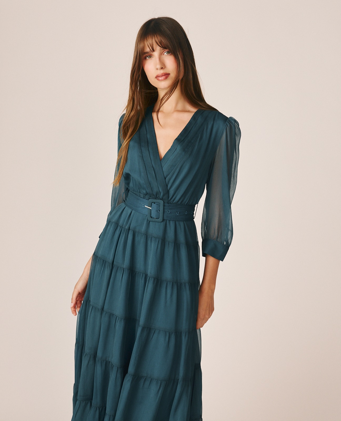 Vestido Midi com Decote Cruzado e Cinto Azul-oceano-2