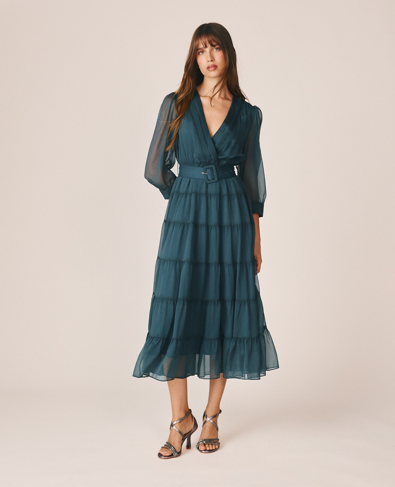 Vestido Midi com Decote Cruzado e Cinto Azul-oceano-3