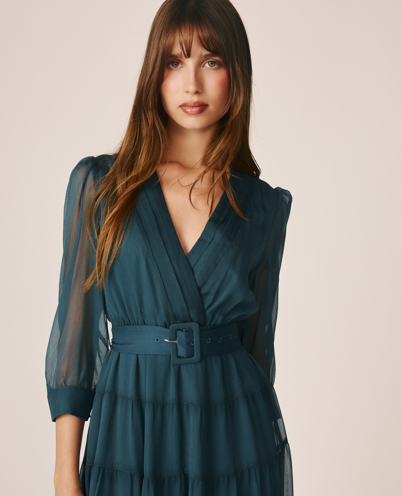 Vestido Midi com Decote Cruzado e Cinto Azul-oceano-4