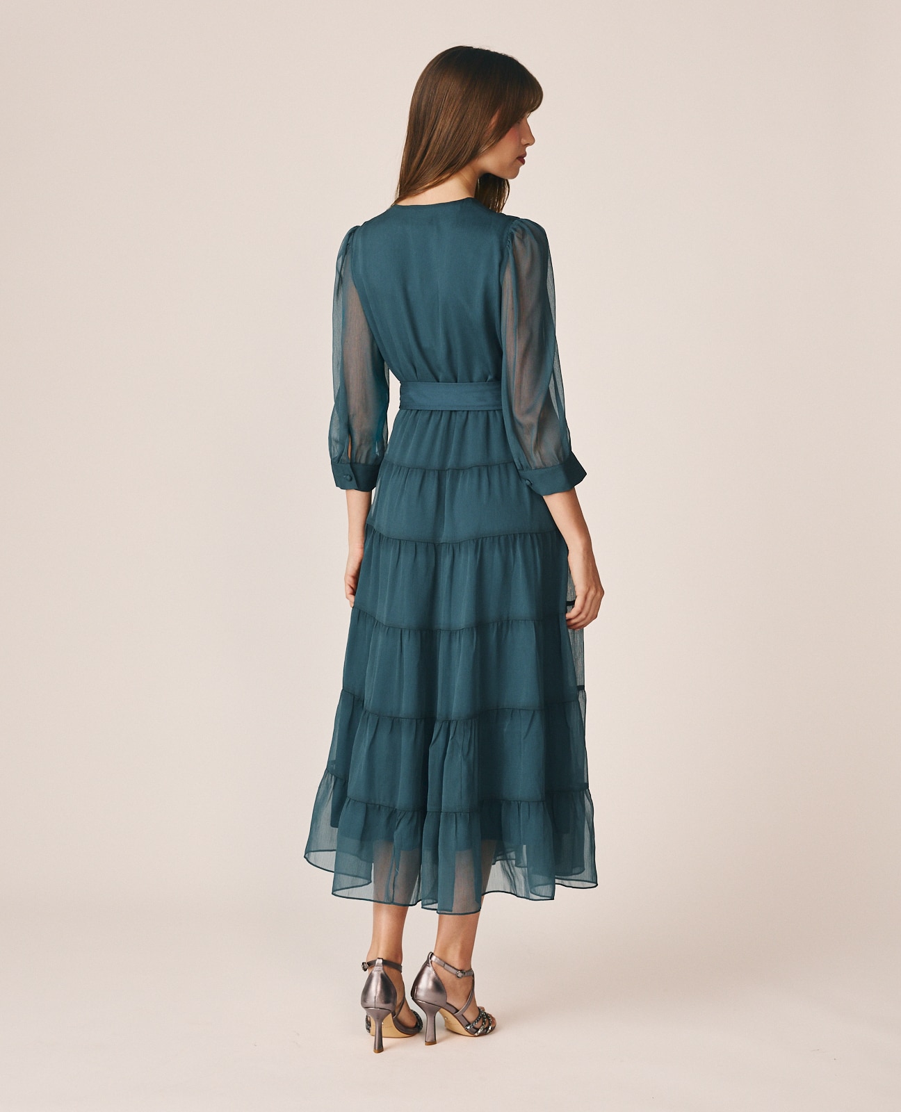 Vestido Midi com Decote Cruzado e Cinto Azul-oceano-5