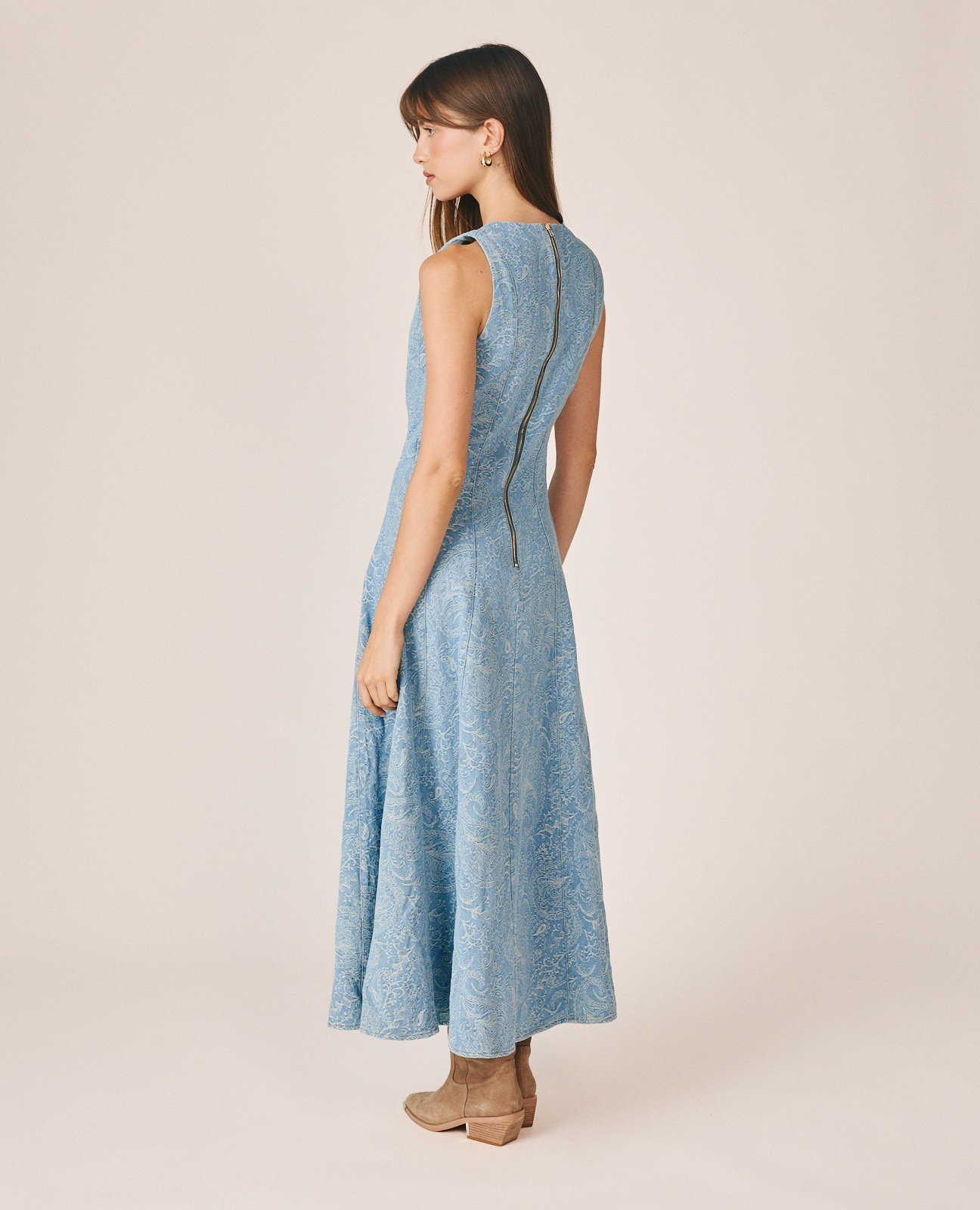 Vestido Comprido em Denim Jacquard com Estampado Paisley Azul-claro-5