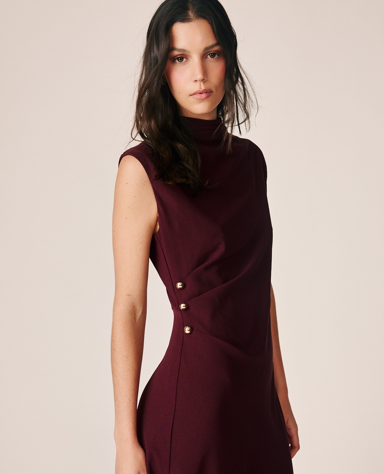 Vestido Comprido em Crepe com Drapeado na Cintura Bordeaux-2