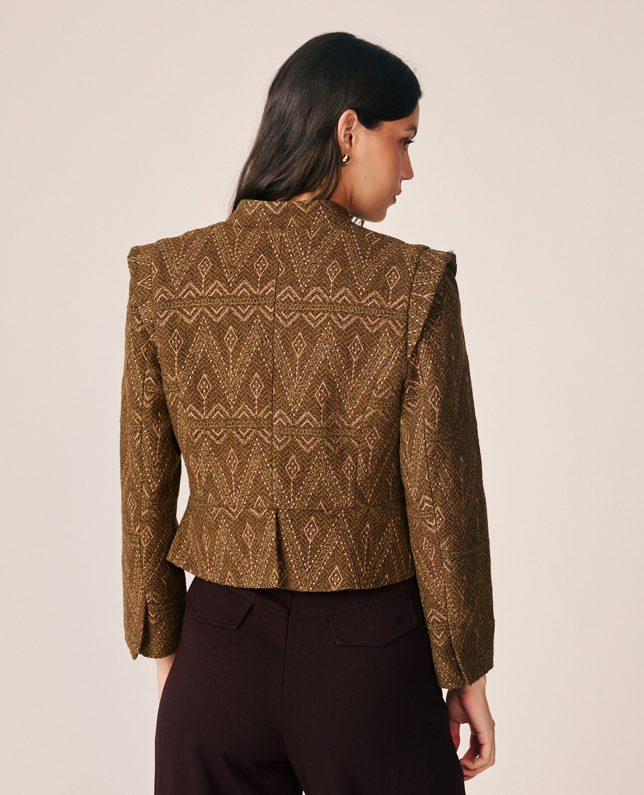 Casaco em Jacquard com Fecho Abotoado Caqui-6