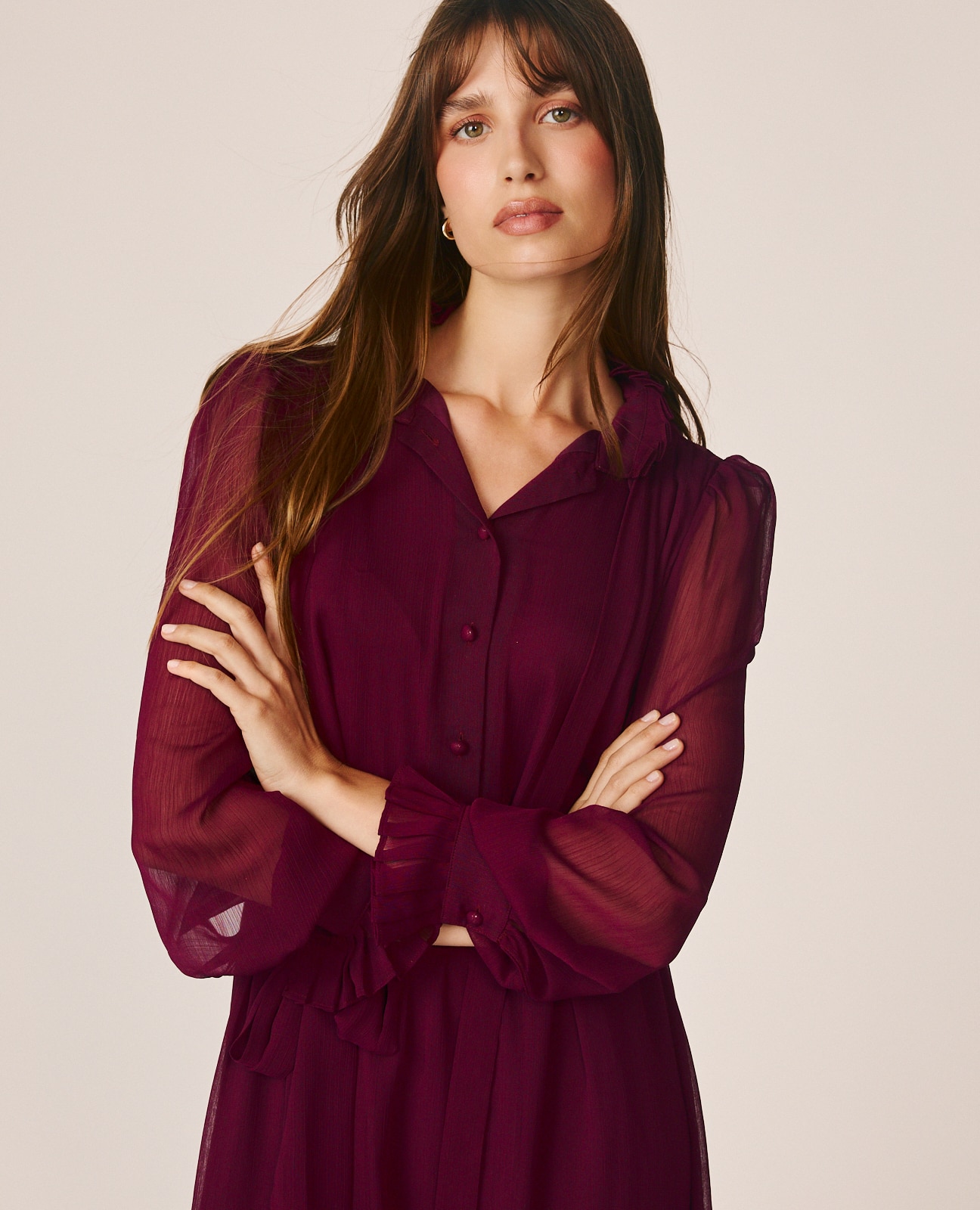 Vestido Midi com Manga Abalonada e Semitransparente Bordeaux-2