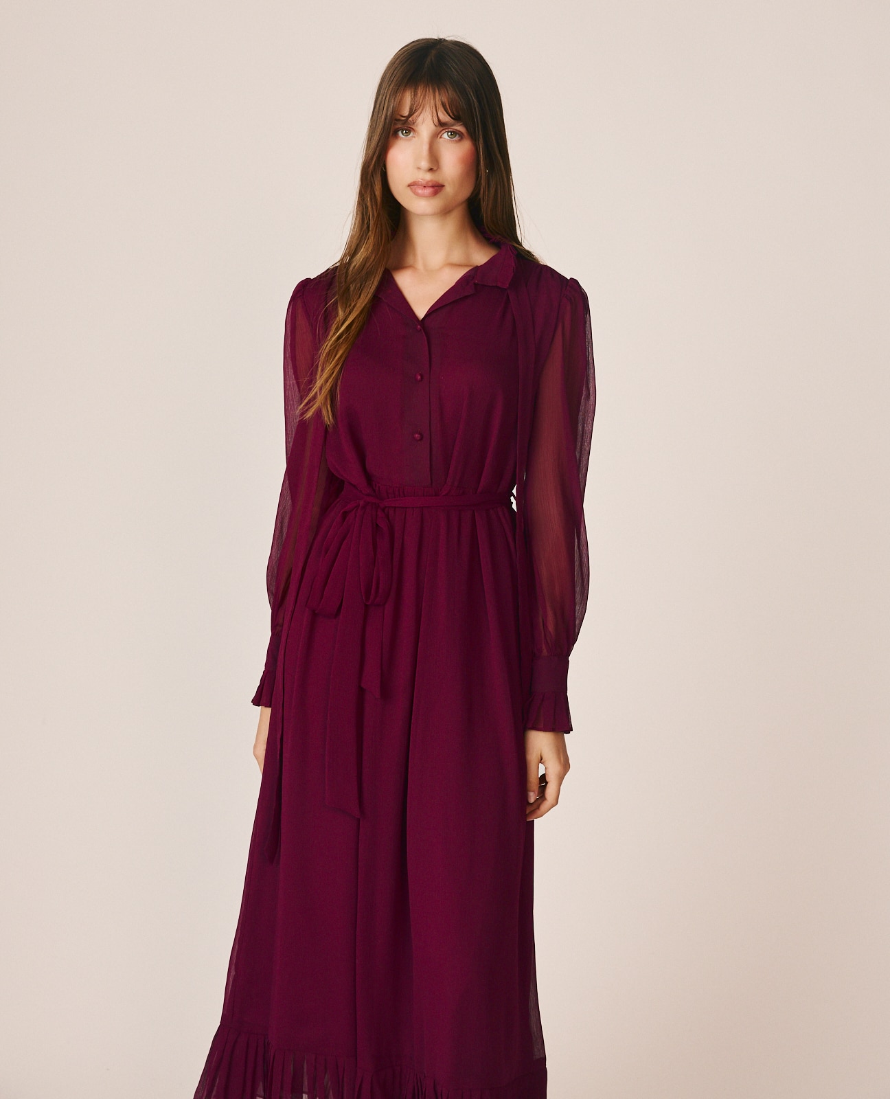 Vestido Midi com Manga Abalonada e Semitransparente Bordeaux-3