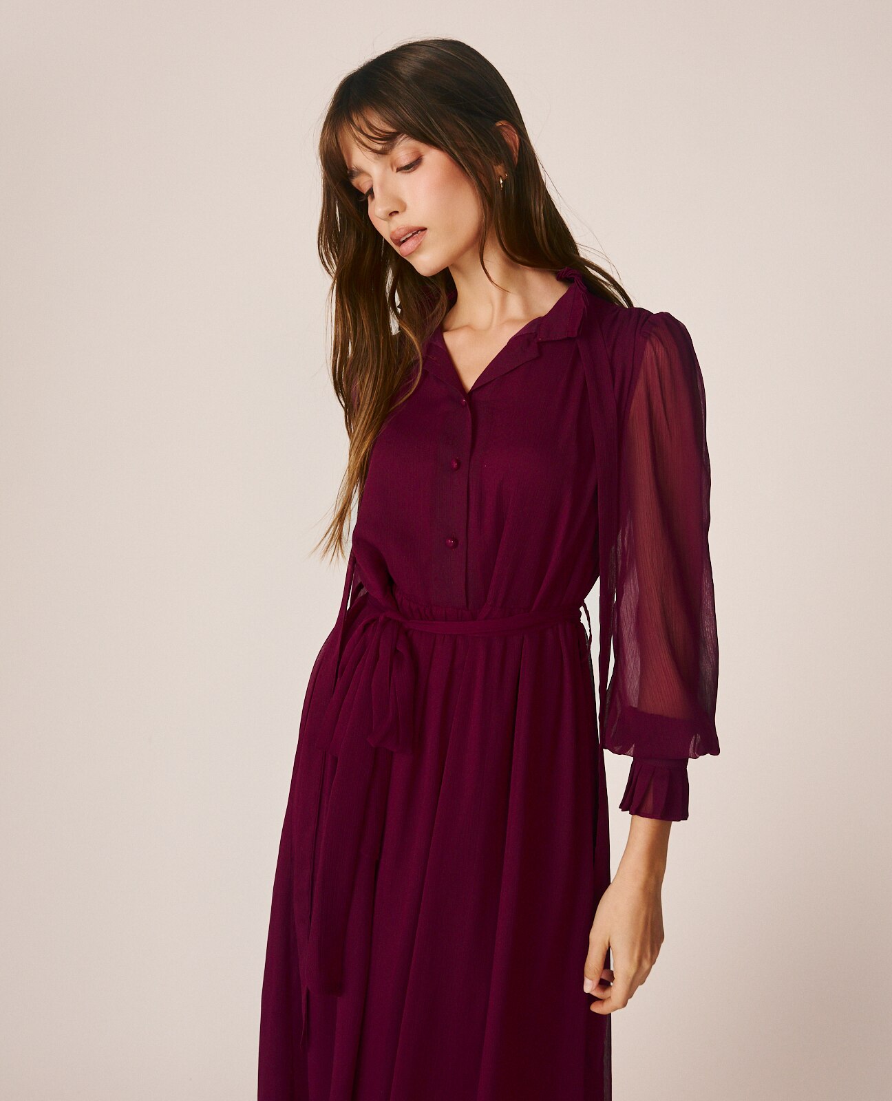 Vestido Midi com Manga Abalonada e Semitransparente Bordeaux-4
