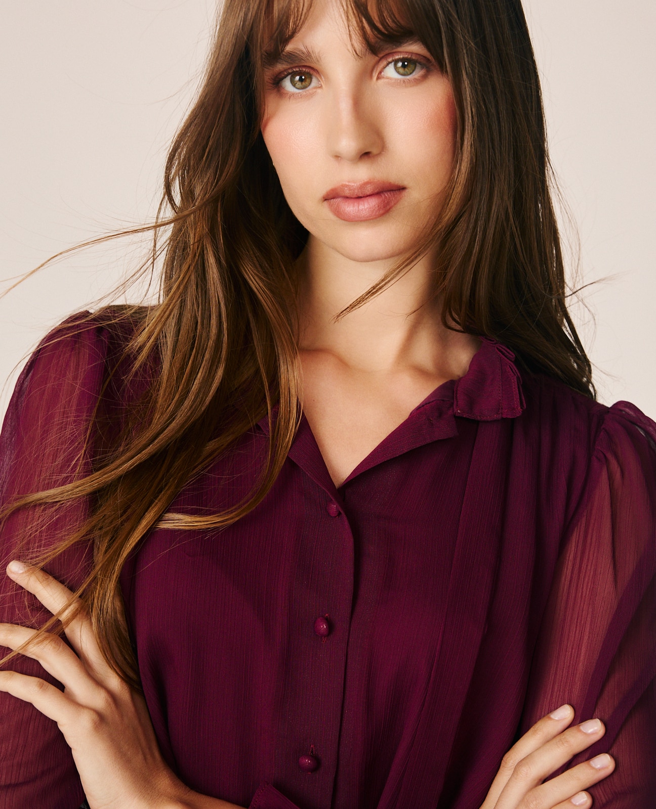 Vestido Midi com Manga Abalonada e Semitransparente Bordeaux-5