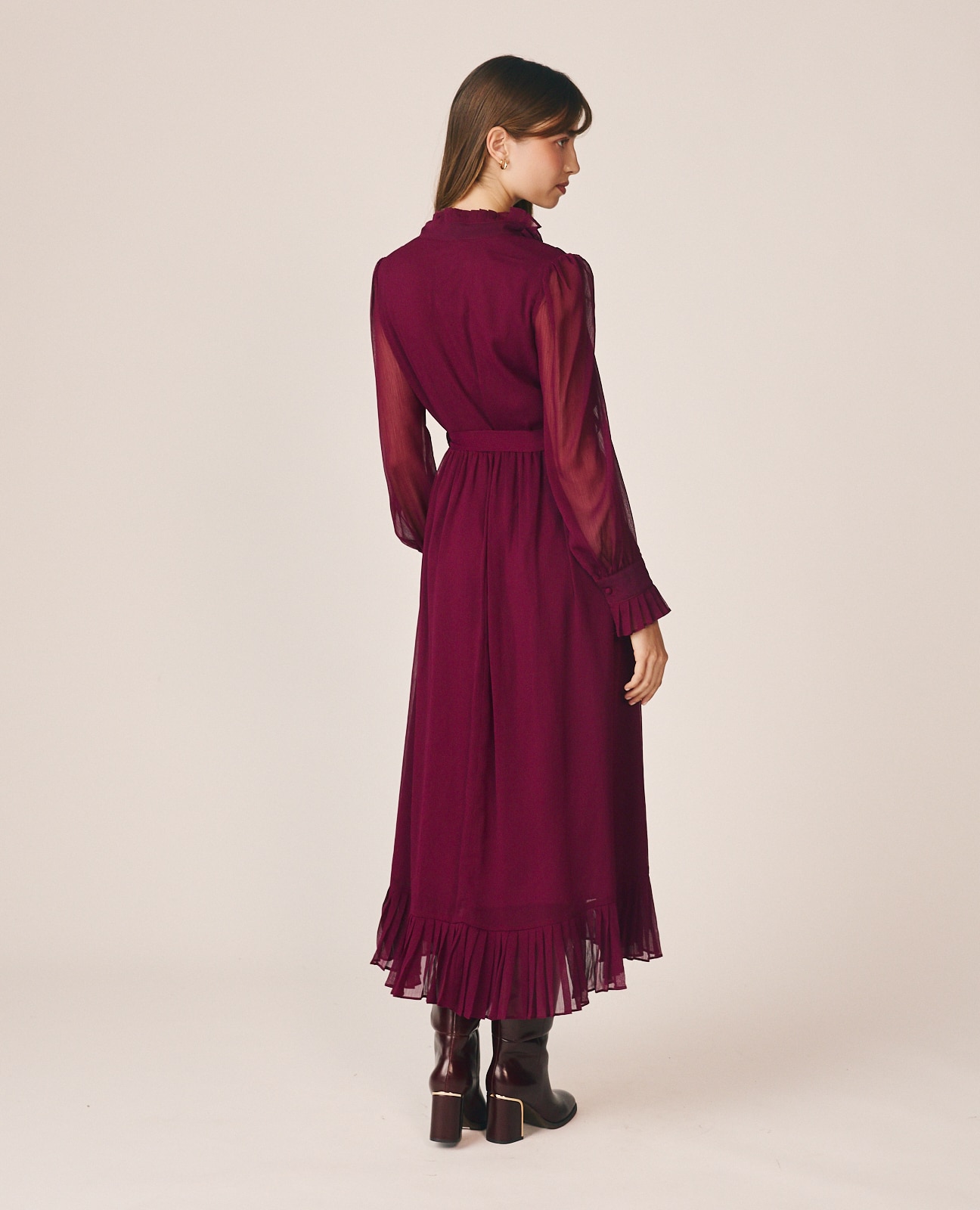 Vestido Midi com Manga Abalonada e Semitransparente Bordeaux-6