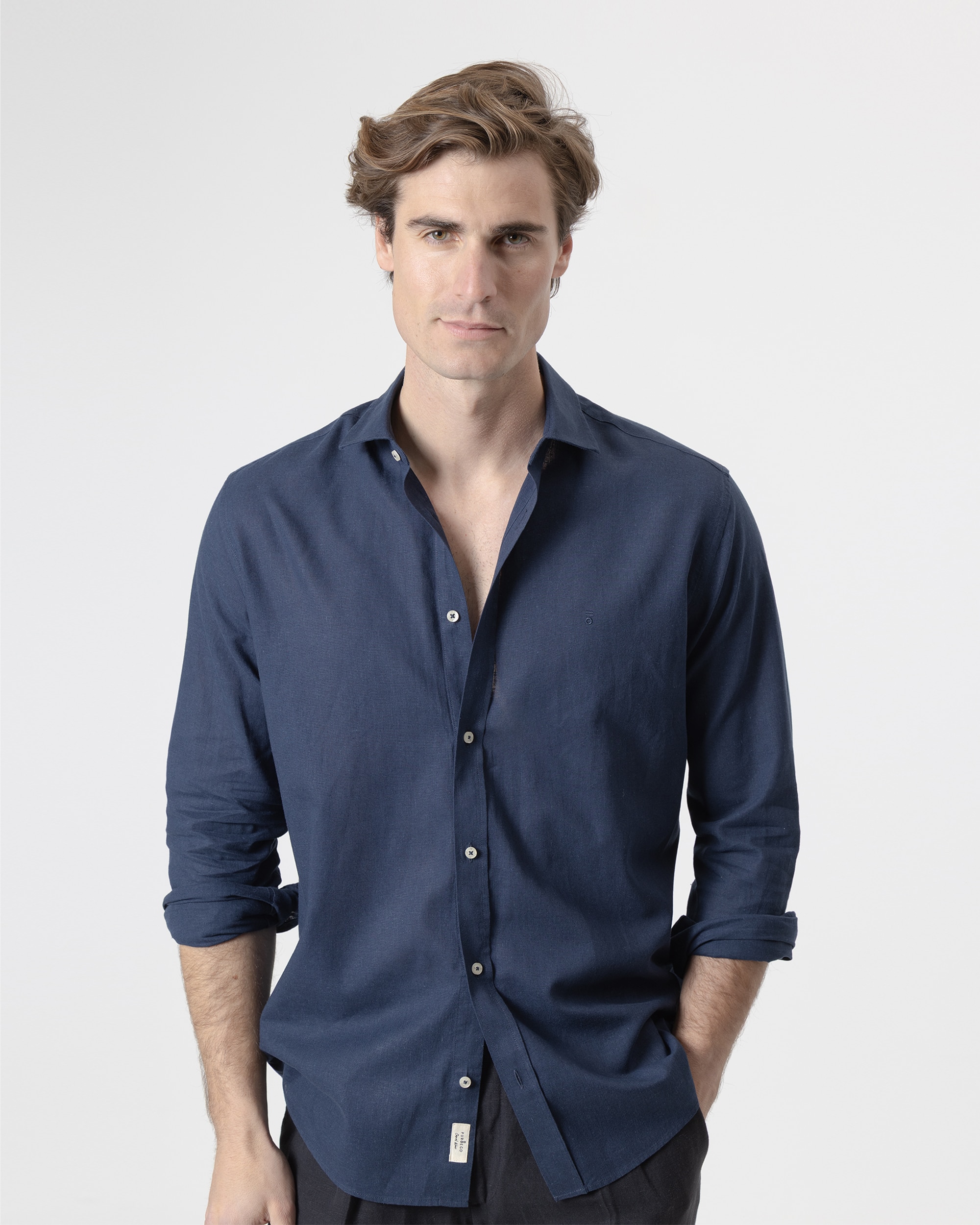 Camisa Lisa em Linho Algodão Azul-marinho-1