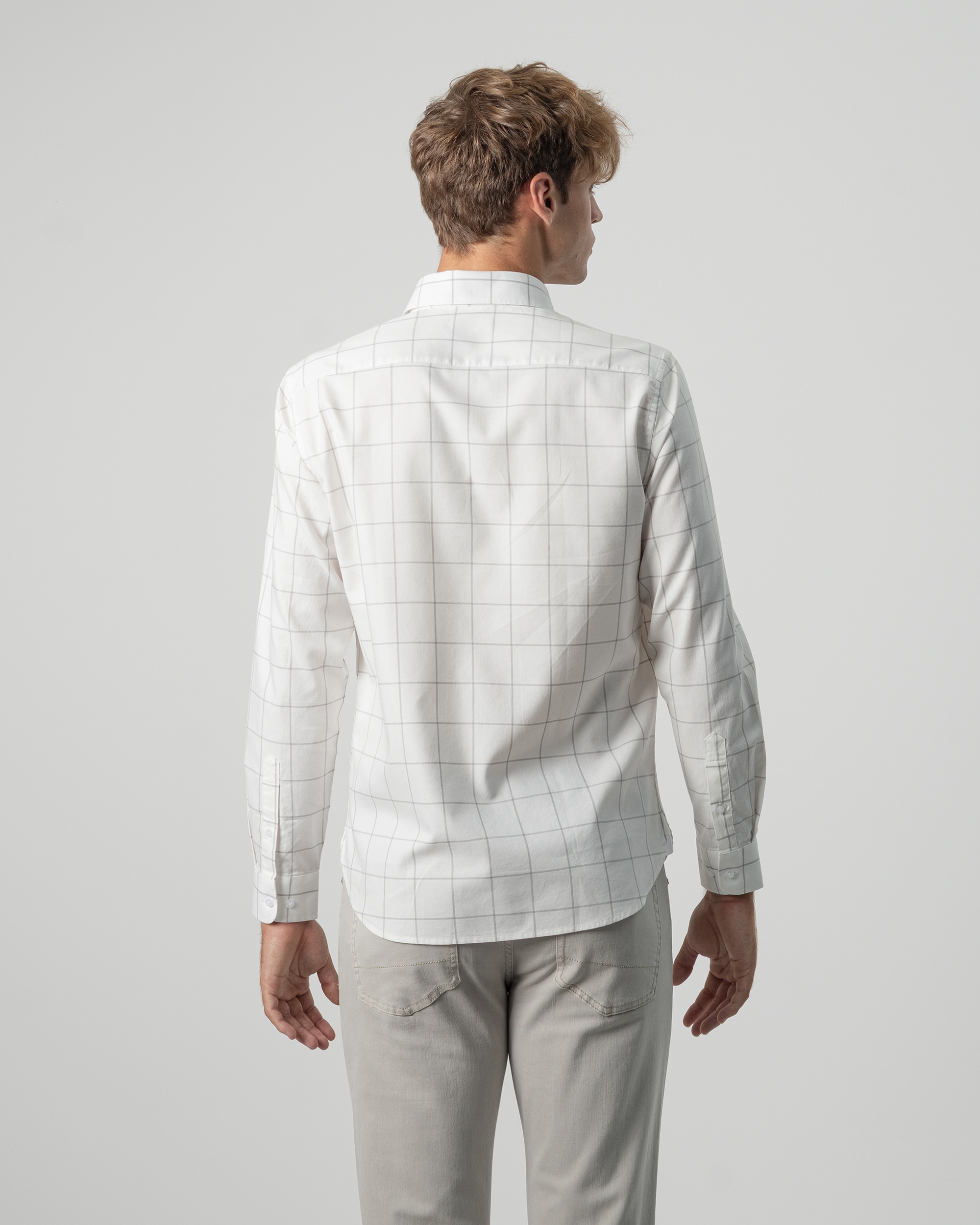 Camisa Aos Quadrados Janela em Algodão Slim Fit Cinzento-4