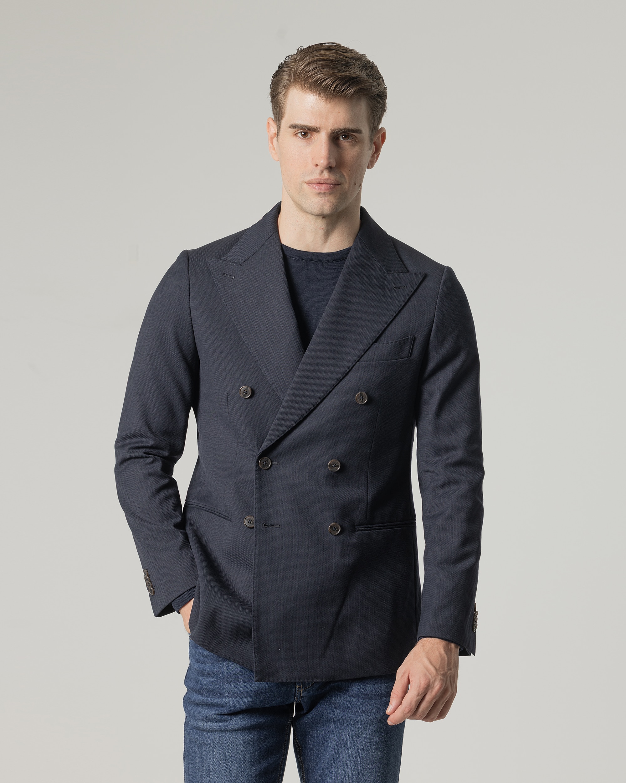 Blazer Cruzado de Malha Piqué Slim Fit Azul-marinho-2