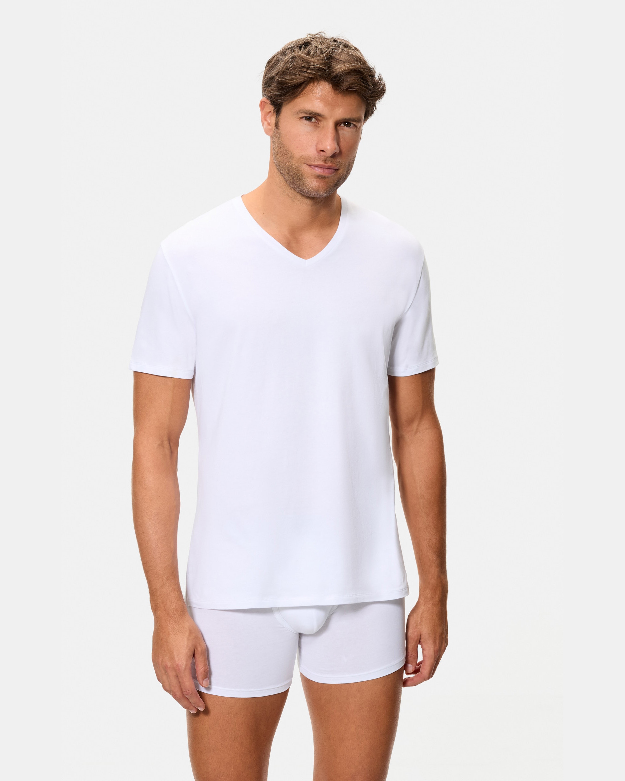 T-shirt em Algodão Supima Premium de Manga Curta com Gola em V Branco-3