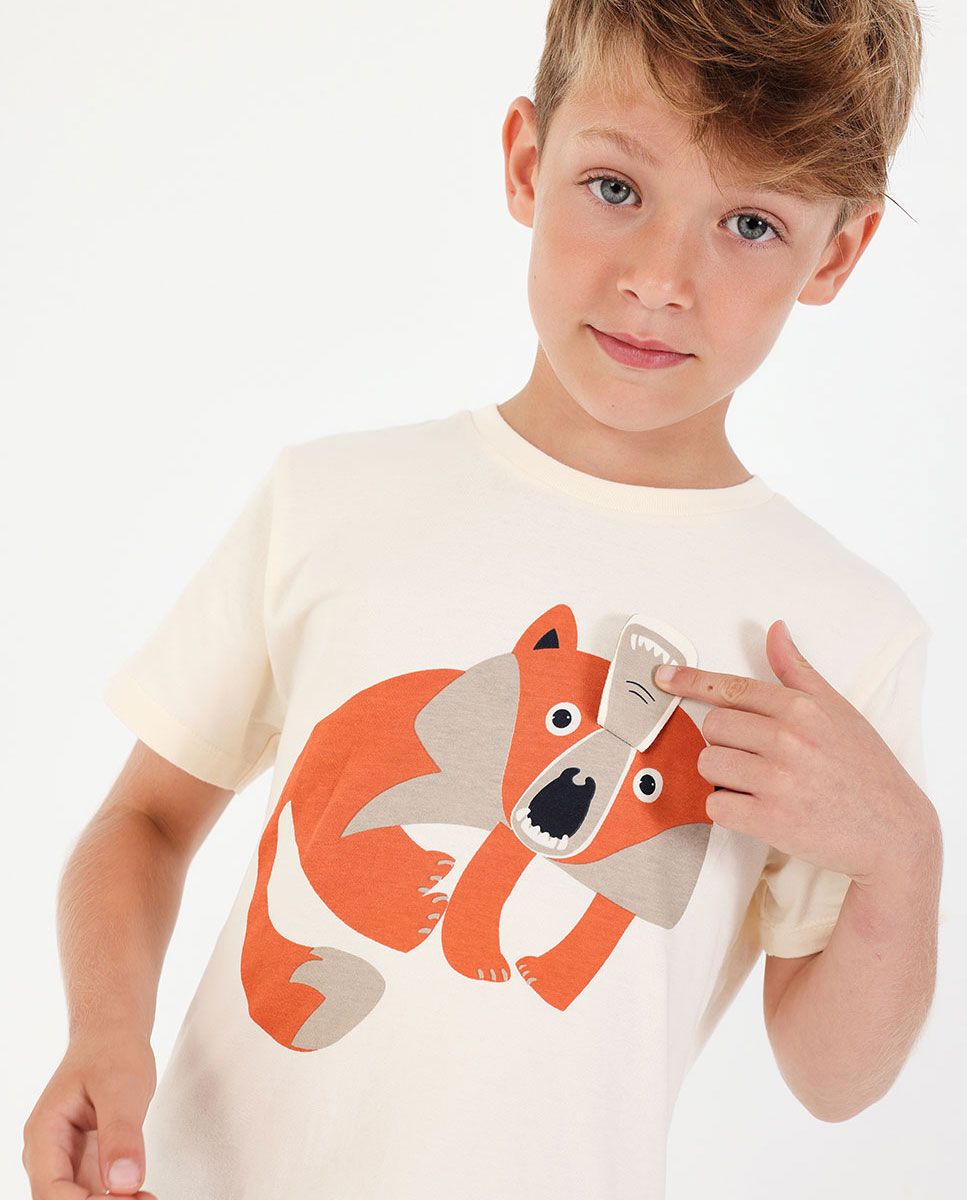 T-shirt de Malha Infantil com Estampado de Raposa em Cru Boboli Cru-2