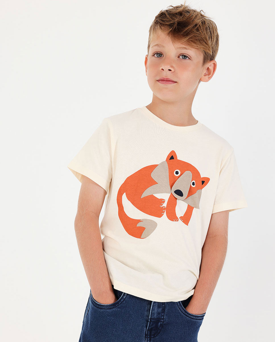 Imagem 0 de T-shirt de Malha Infantil com Estampado de Raposa em Cru