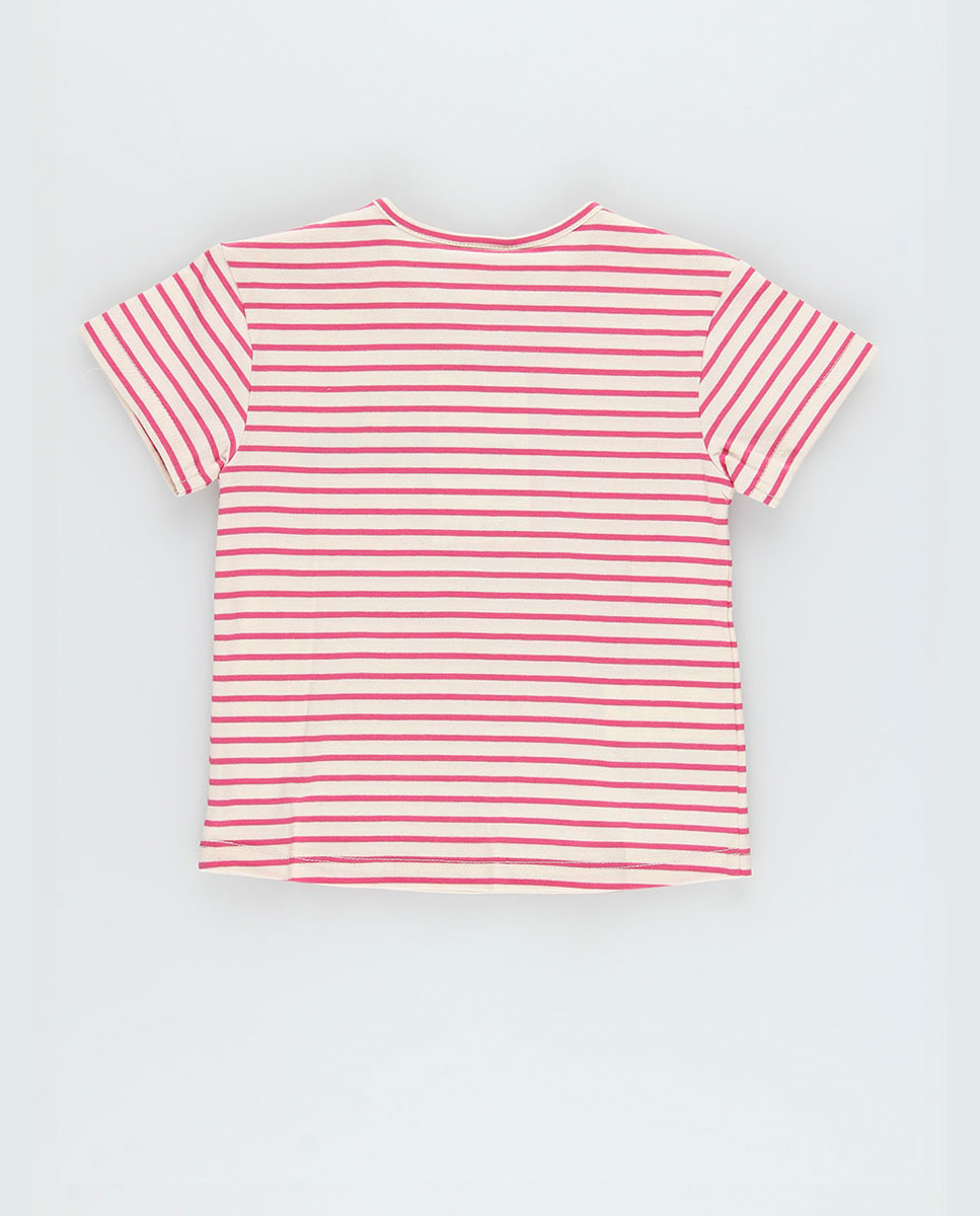 T-shirt de Malha Infantil Às Riscas com Patches Bordados em Cru e Rosa Boboli Rosa-3