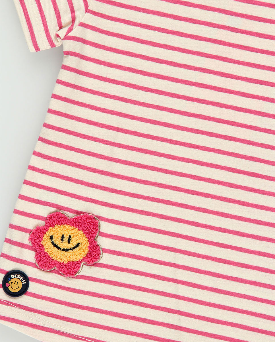 T-shirt de Malha Infantil Às Riscas com Patches Bordados em Cru e Rosa Boboli Rosa-5