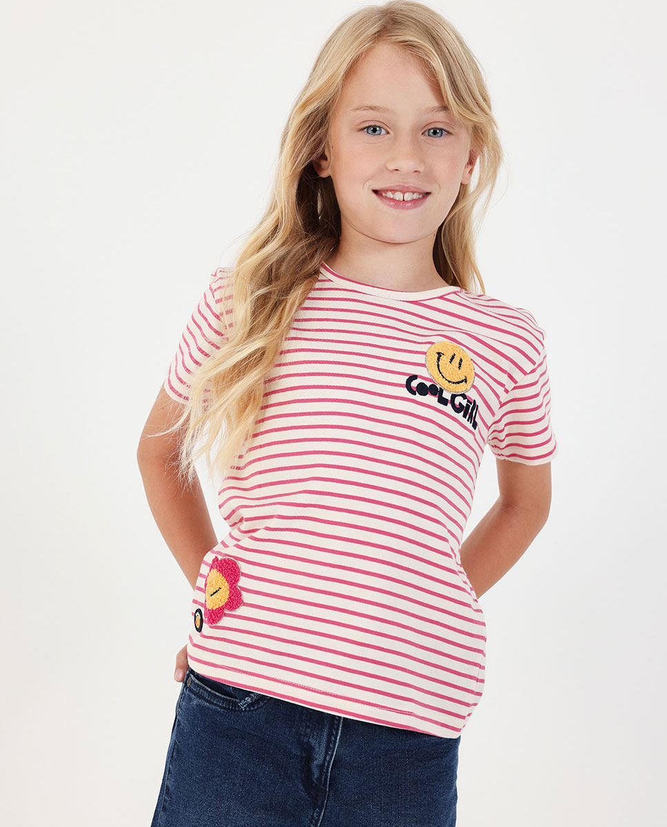 Imagem 0 de T-shirt de Malha Infantil Às Riscas com Patches Bordados em Cru e Rosa