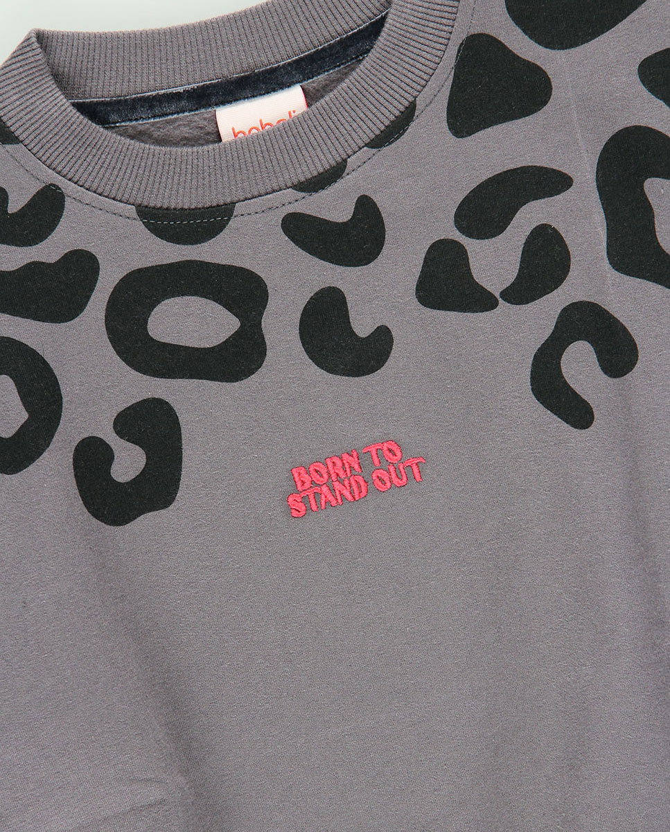 Sweatshirt de Felpa Infantil com Estampado Leopardo e Mensagem "born To Stand Out" em Cinzento Boboli Cinzento-4