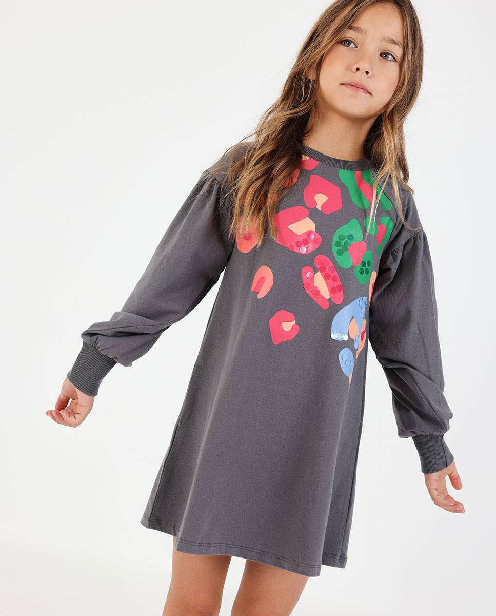 Imagem 0 de Vestido de Malha Infantil com Estampado Animal Print em Cinzento