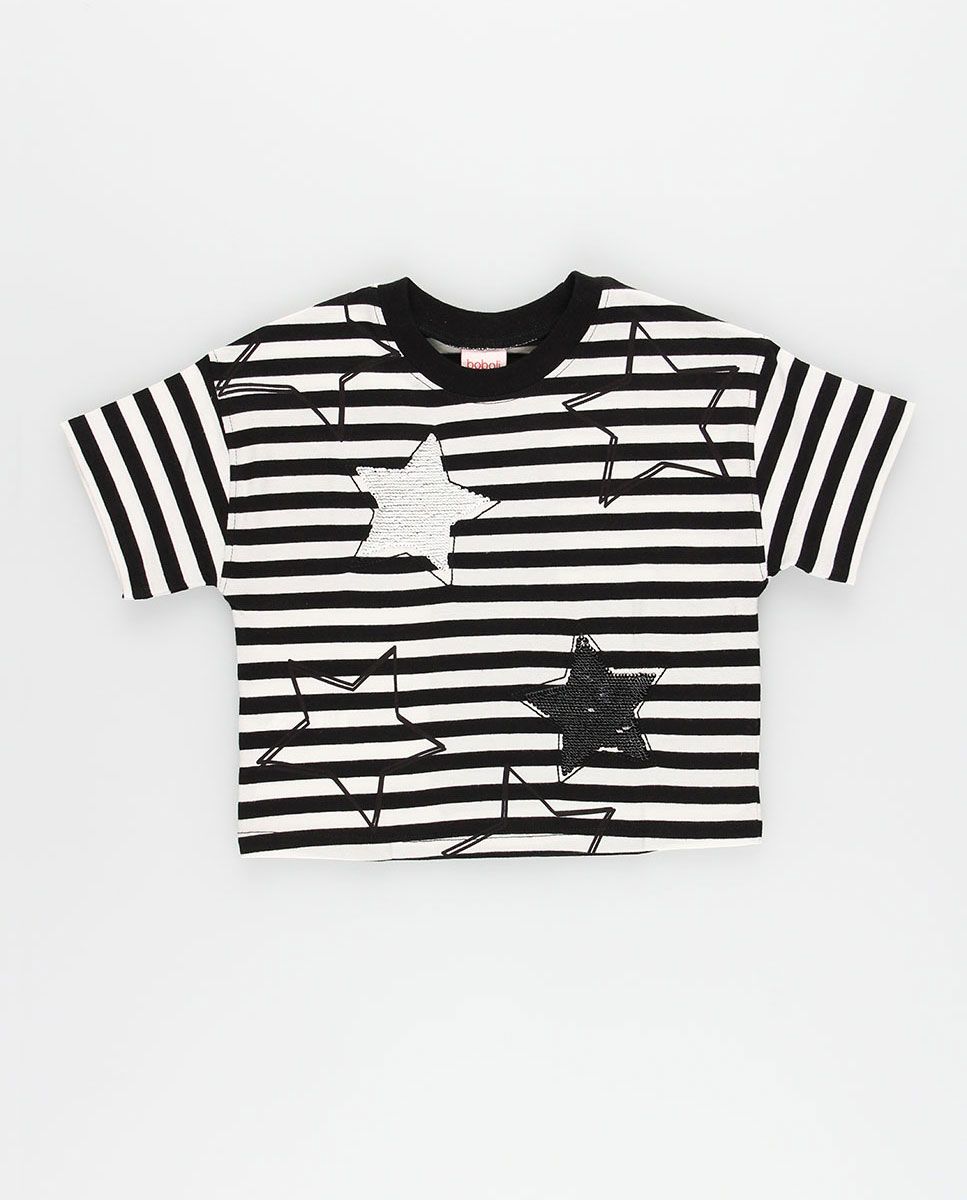 T-shirt de Malha Infantil Às Riscas com Estrelas Decorativas em Branco e Preto Boboli Preto-2