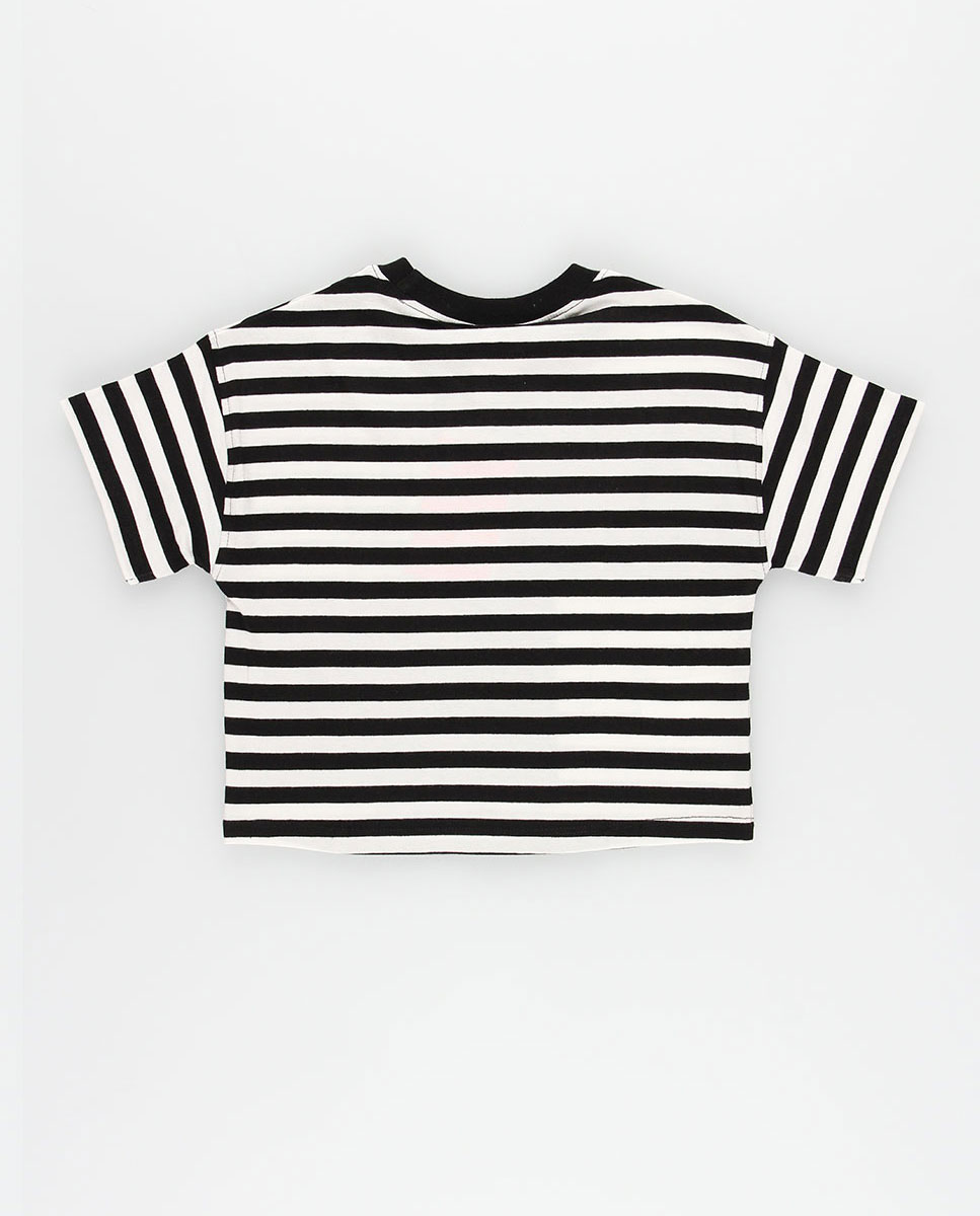T-shirt de Malha Infantil Às Riscas com Estrelas Decorativas em Branco e Preto Boboli Preto-3