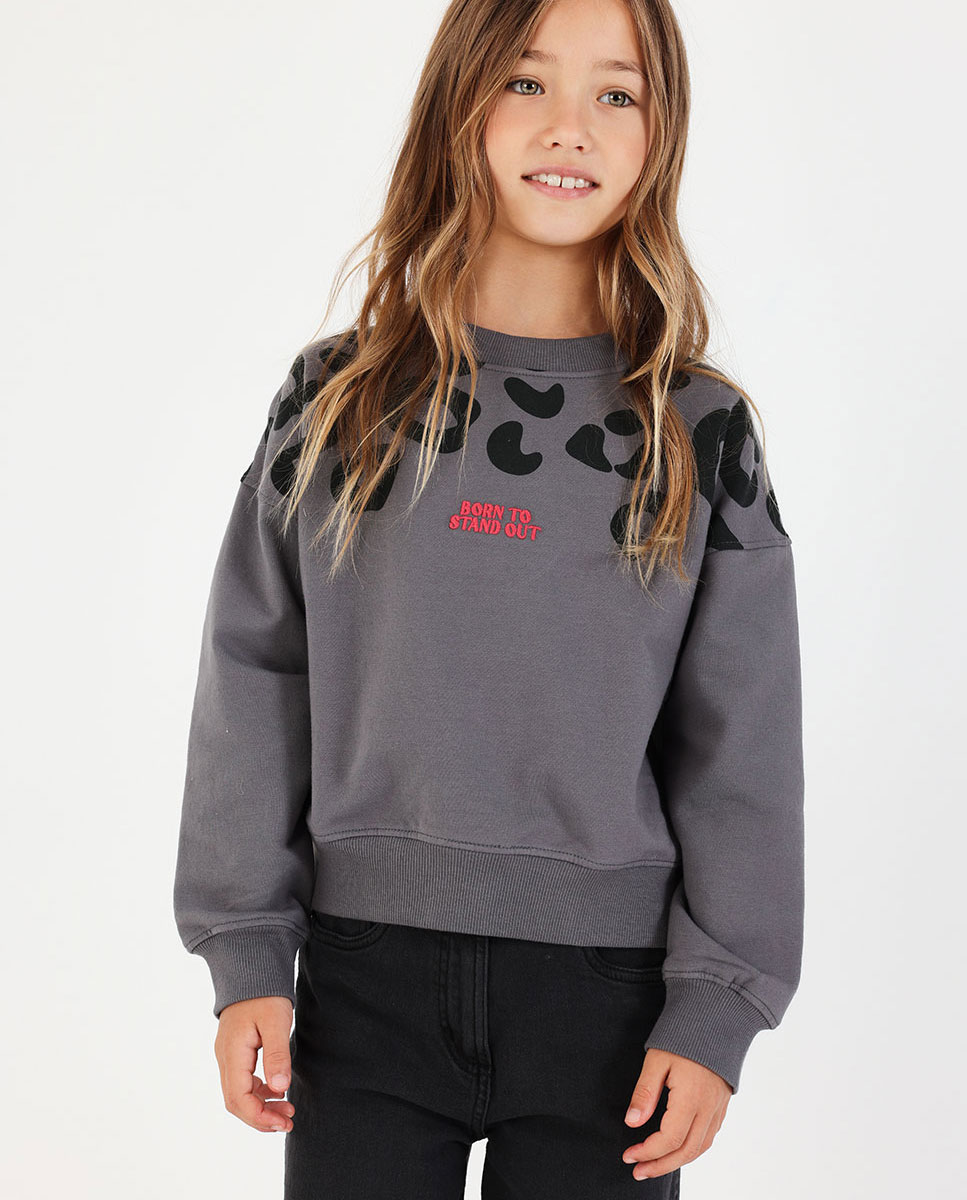 Imagem 0 de Sweatshirt de Felpa Infantil com Estampado Leopardo e Mensagem "born To Stand Out" em Cinzento