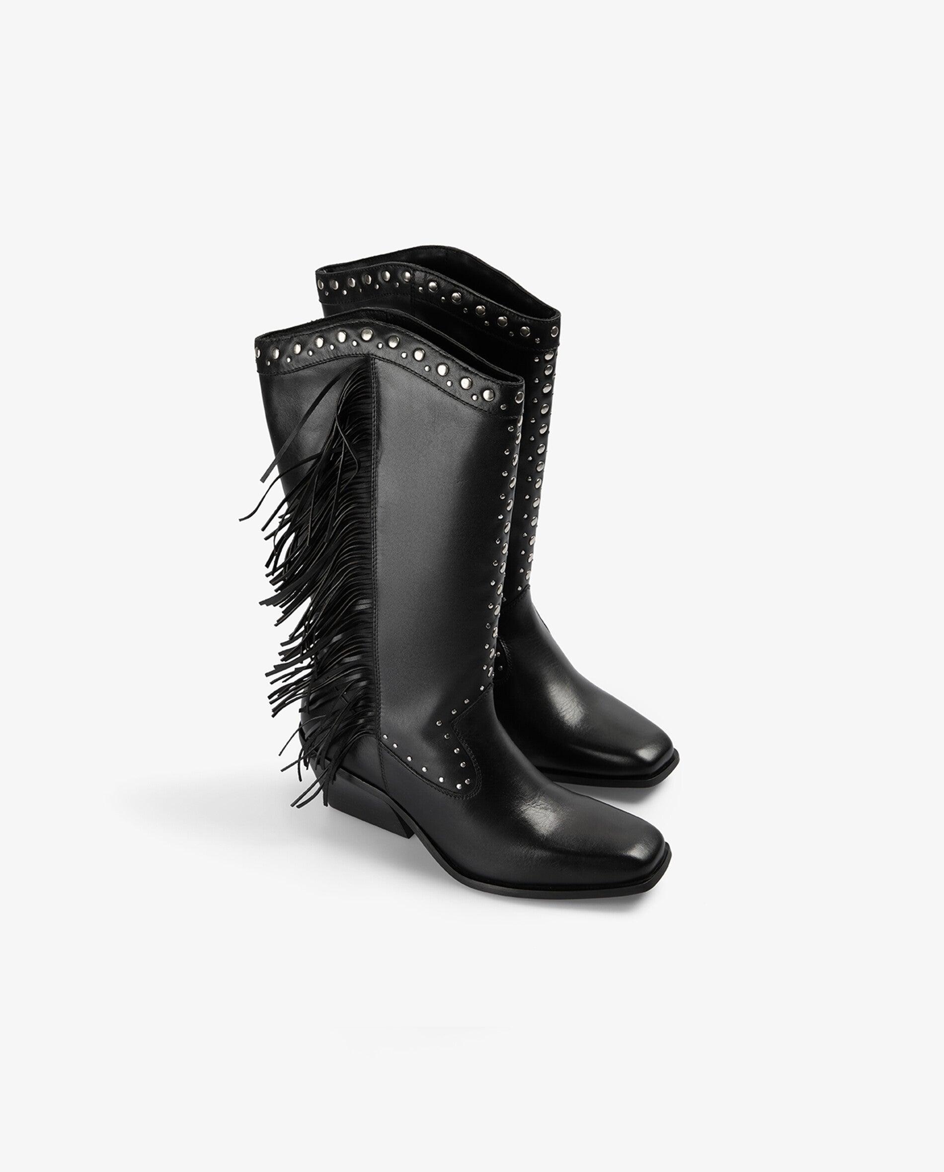 Botas Cowboy de Couro com Studs Decorativos e Franjas Preto-2