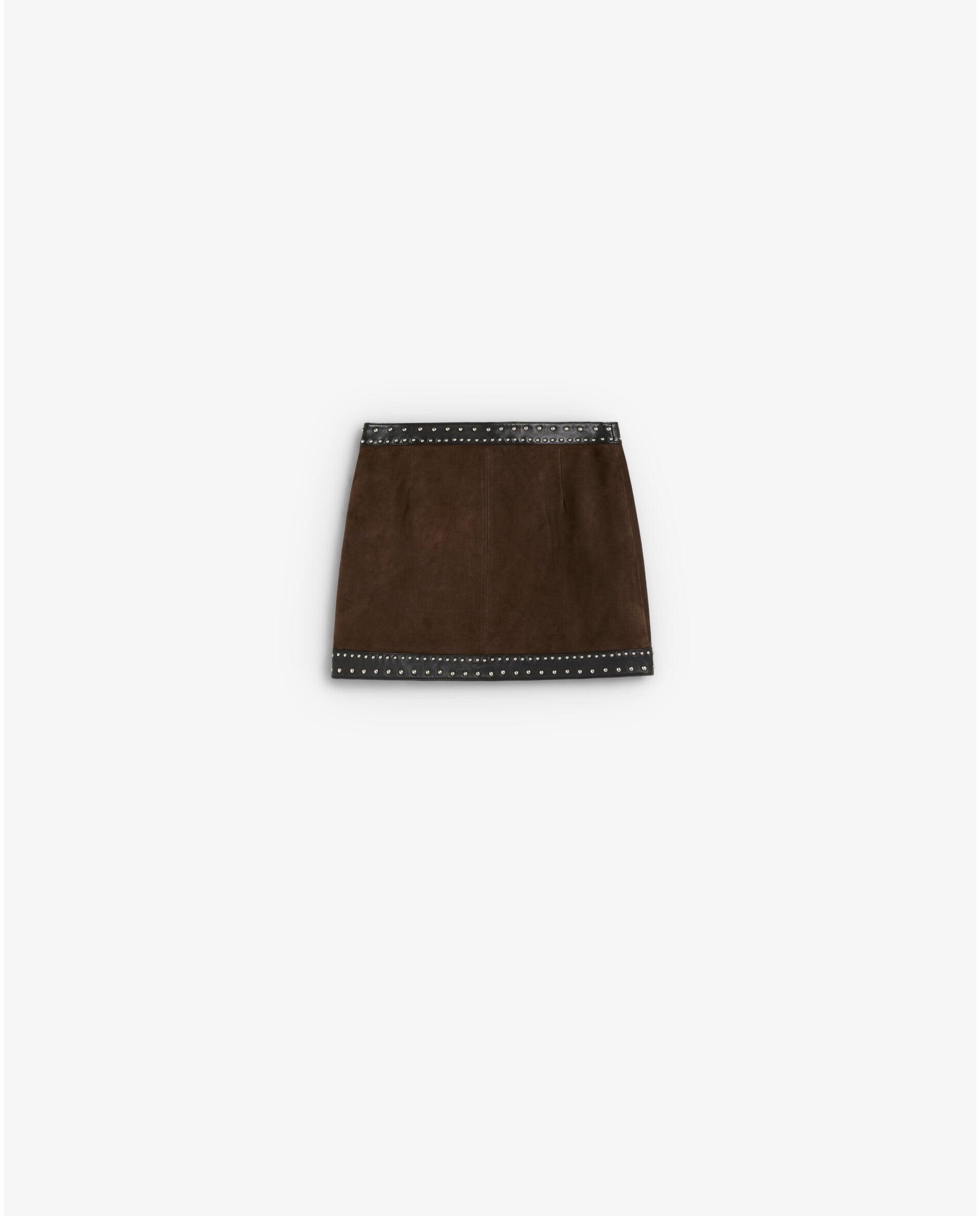 Saia Curta de Pele e Camurça com Studs Decorativos Castanho-2
