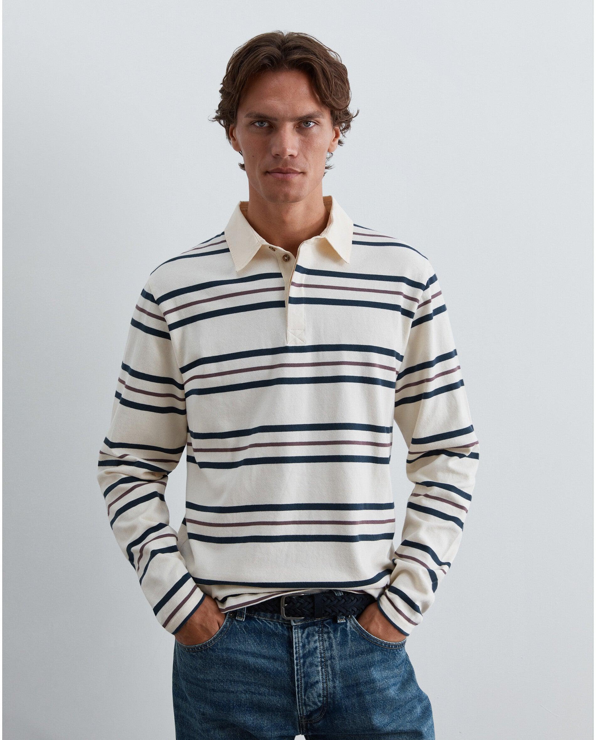 Imagem 0 de Polo de Manga Comprida Regular Fit com Estampado Às Riscas
