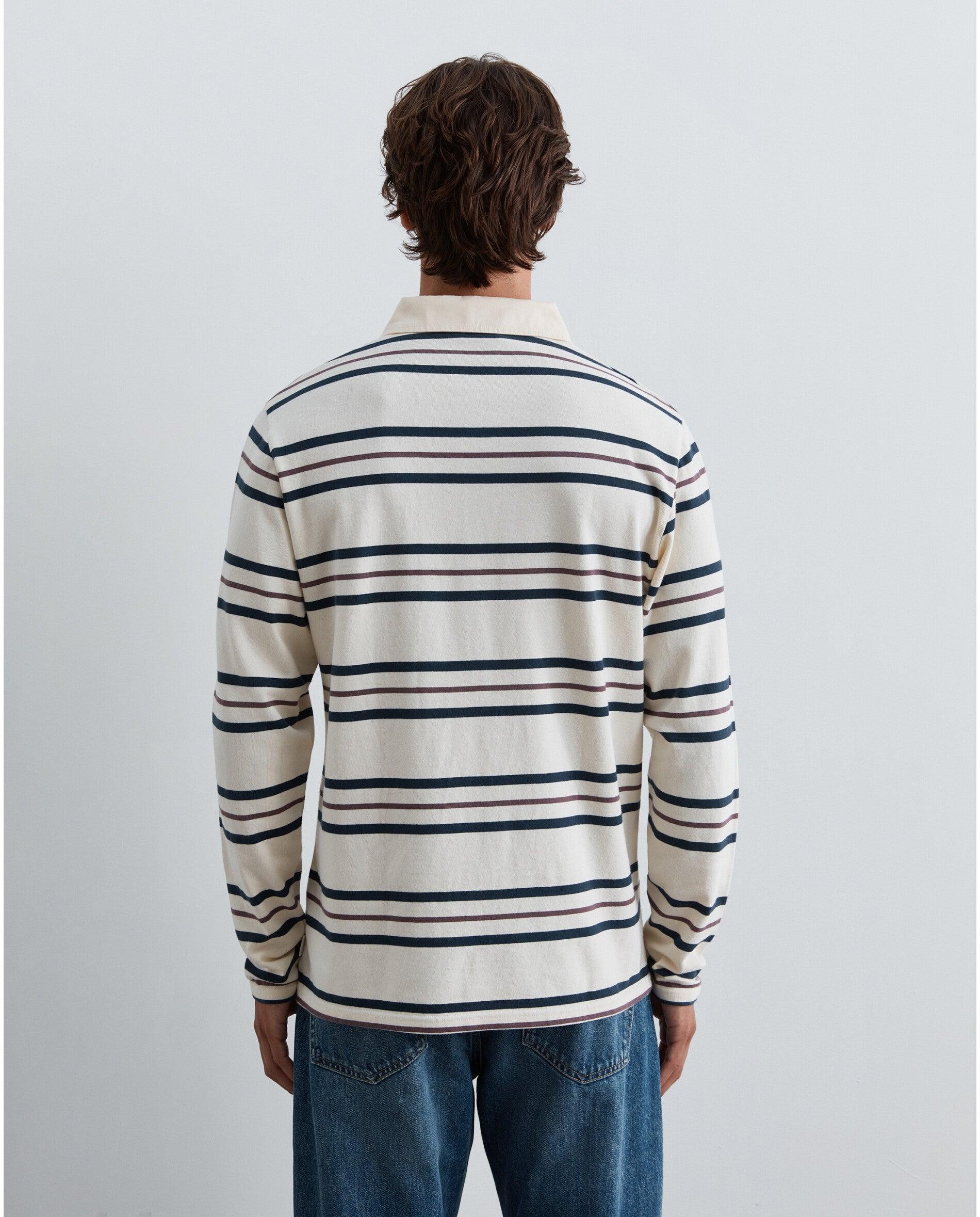 Polo de Manga Comprida Regular Fit com Estampado Às Riscas Creme-2