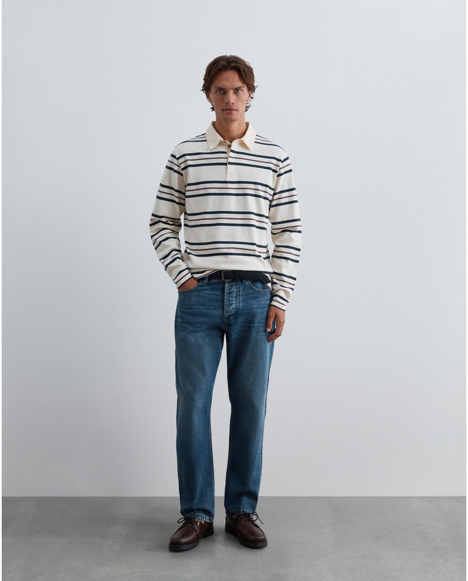 Polo de Manga Comprida Regular Fit com Estampado Às Riscas Creme-3