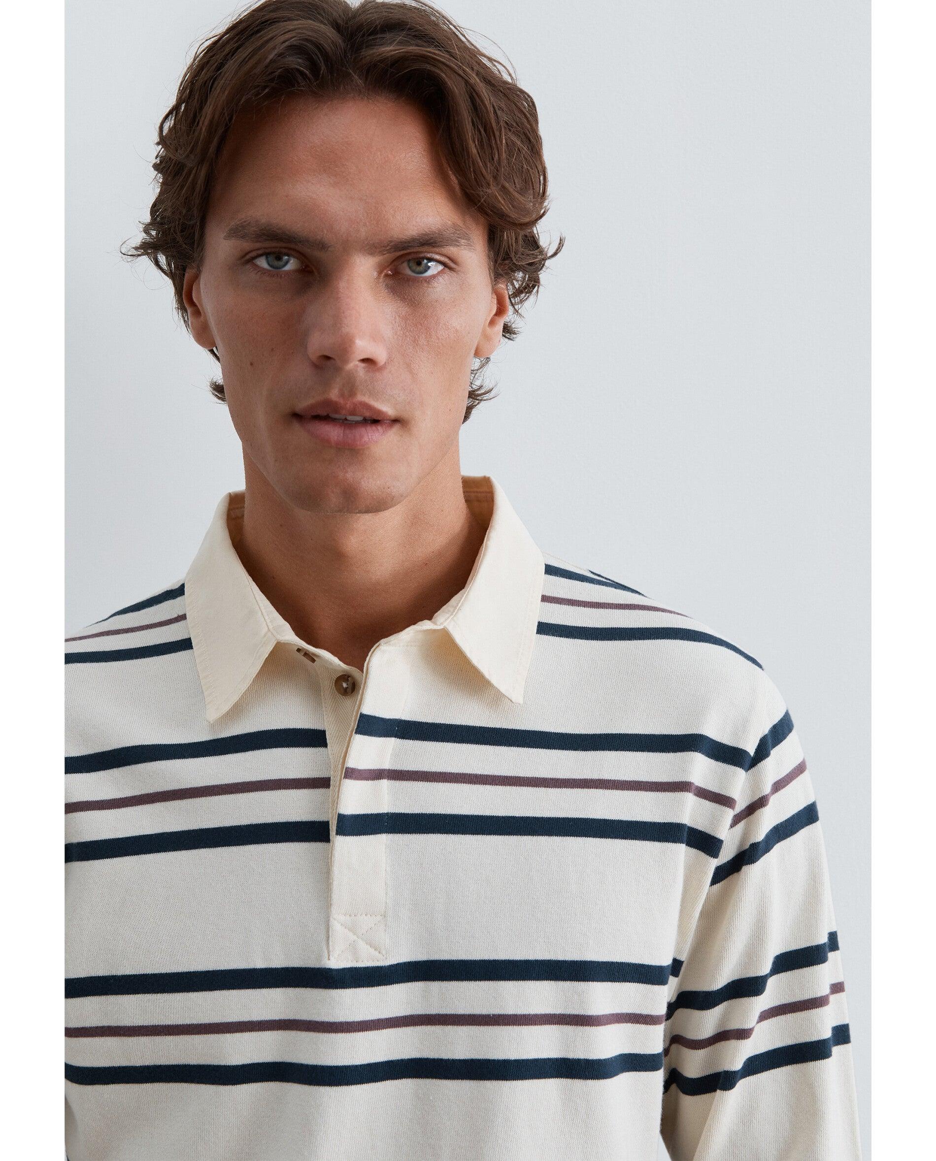 Polo de Manga Comprida Regular Fit com Estampado Às Riscas Creme-4