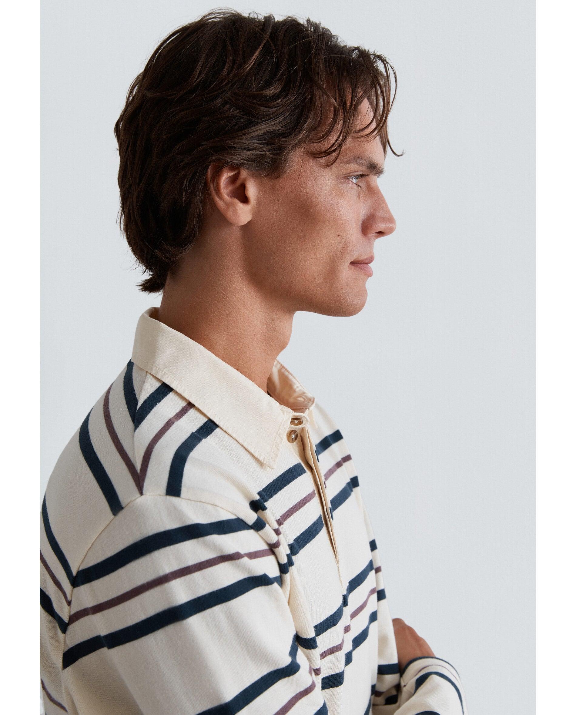 Polo de Manga Comprida Regular Fit com Estampado Às Riscas Creme-5