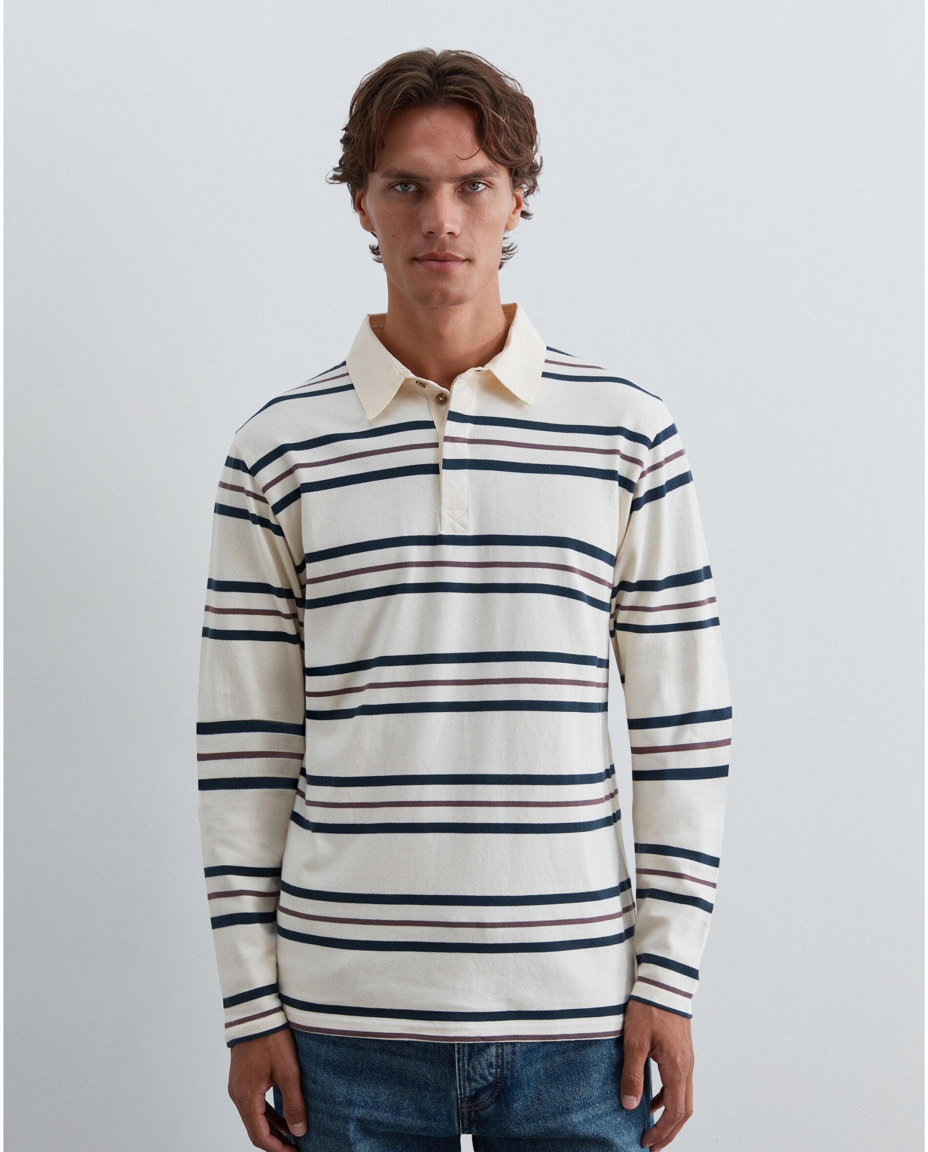 Polo de Manga Comprida Regular Fit com Estampado Às Riscas Creme-6
