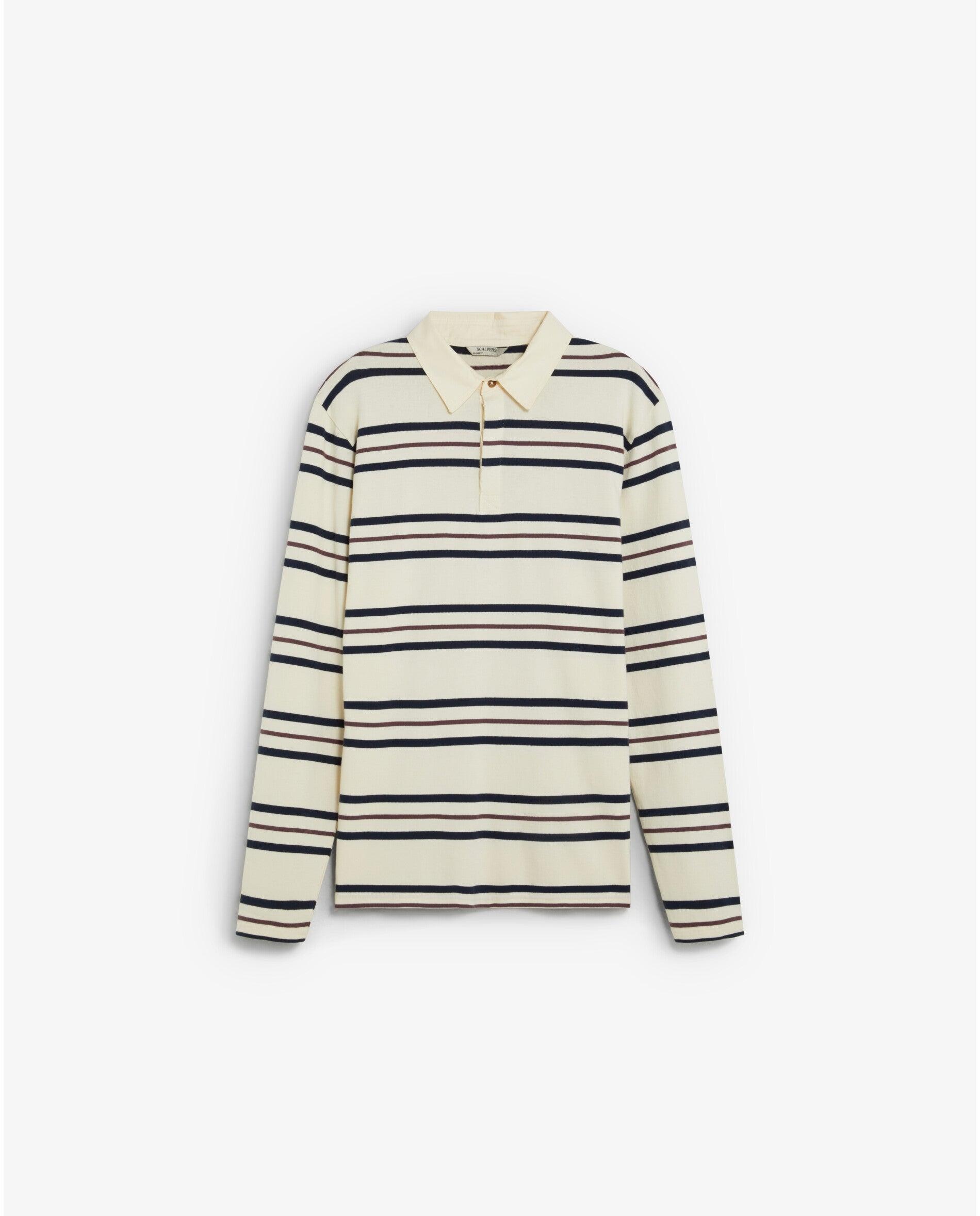 Polo de Manga Comprida Regular Fit com Estampado Às Riscas Creme-7