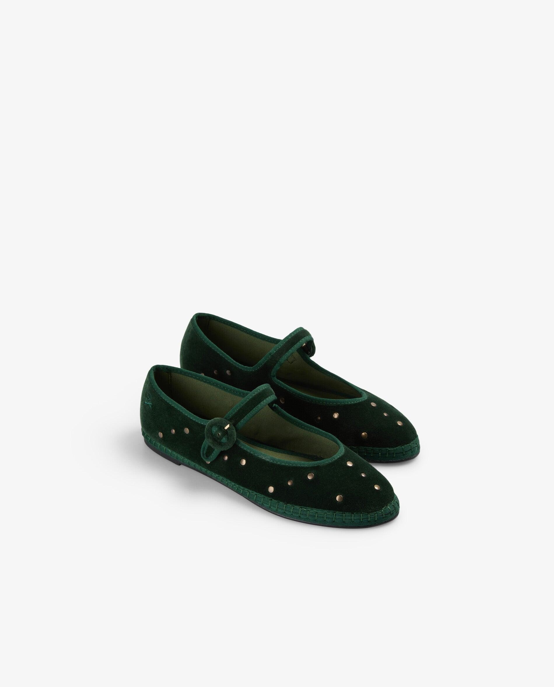 Sapatos de Presilha Rasos com Acabamento Aveludado e Tachas Metálicas Verde-escuro-2