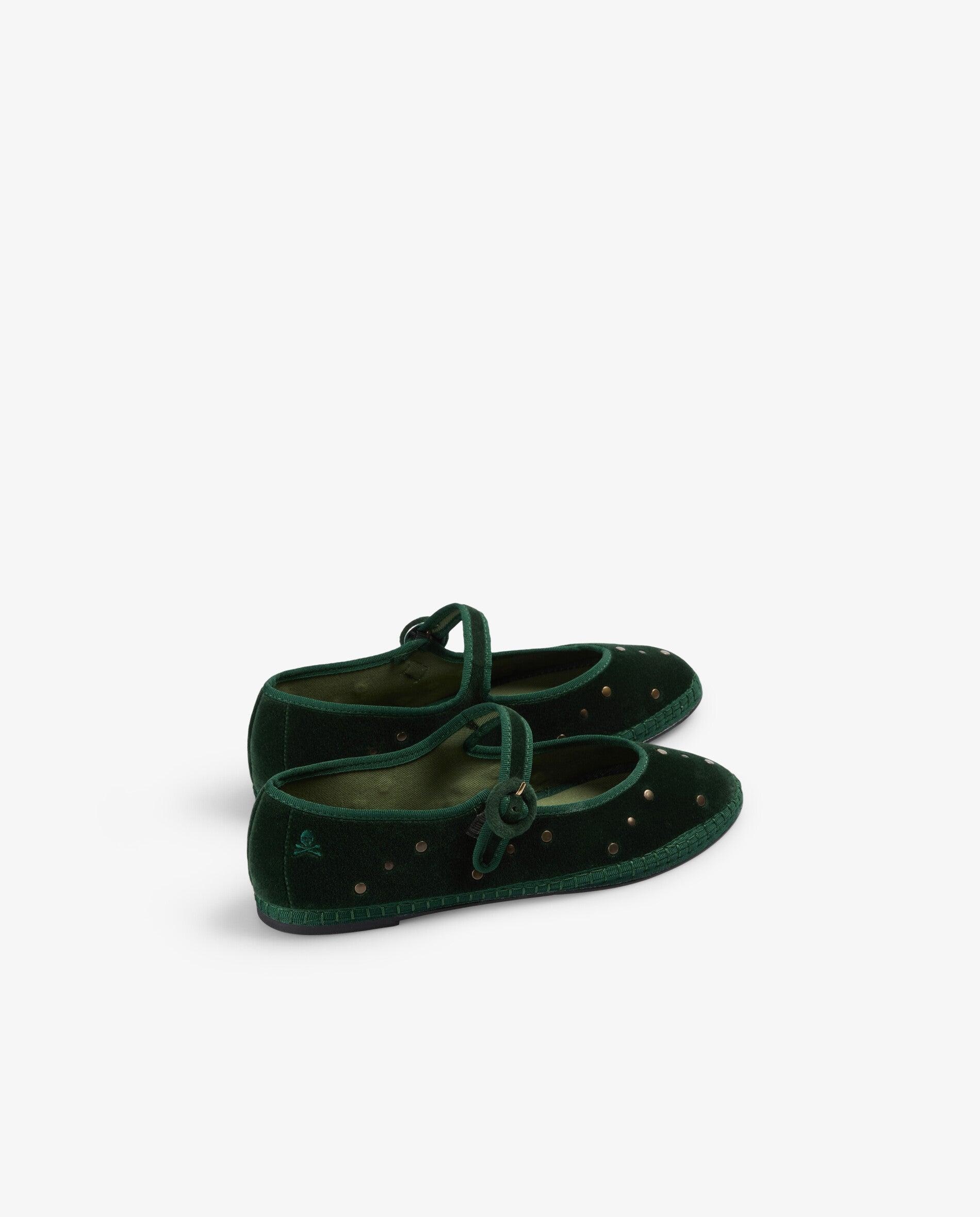 Sapatos de Presilha Rasos com Acabamento Aveludado e Tachas Metálicas Verde-escuro-3