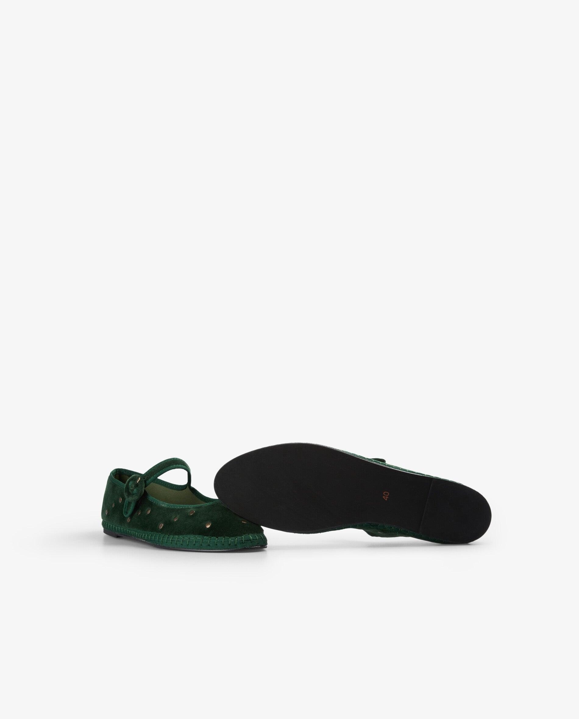 Sapatos de Presilha Rasos com Acabamento Aveludado e Tachas Metálicas Verde-escuro-4