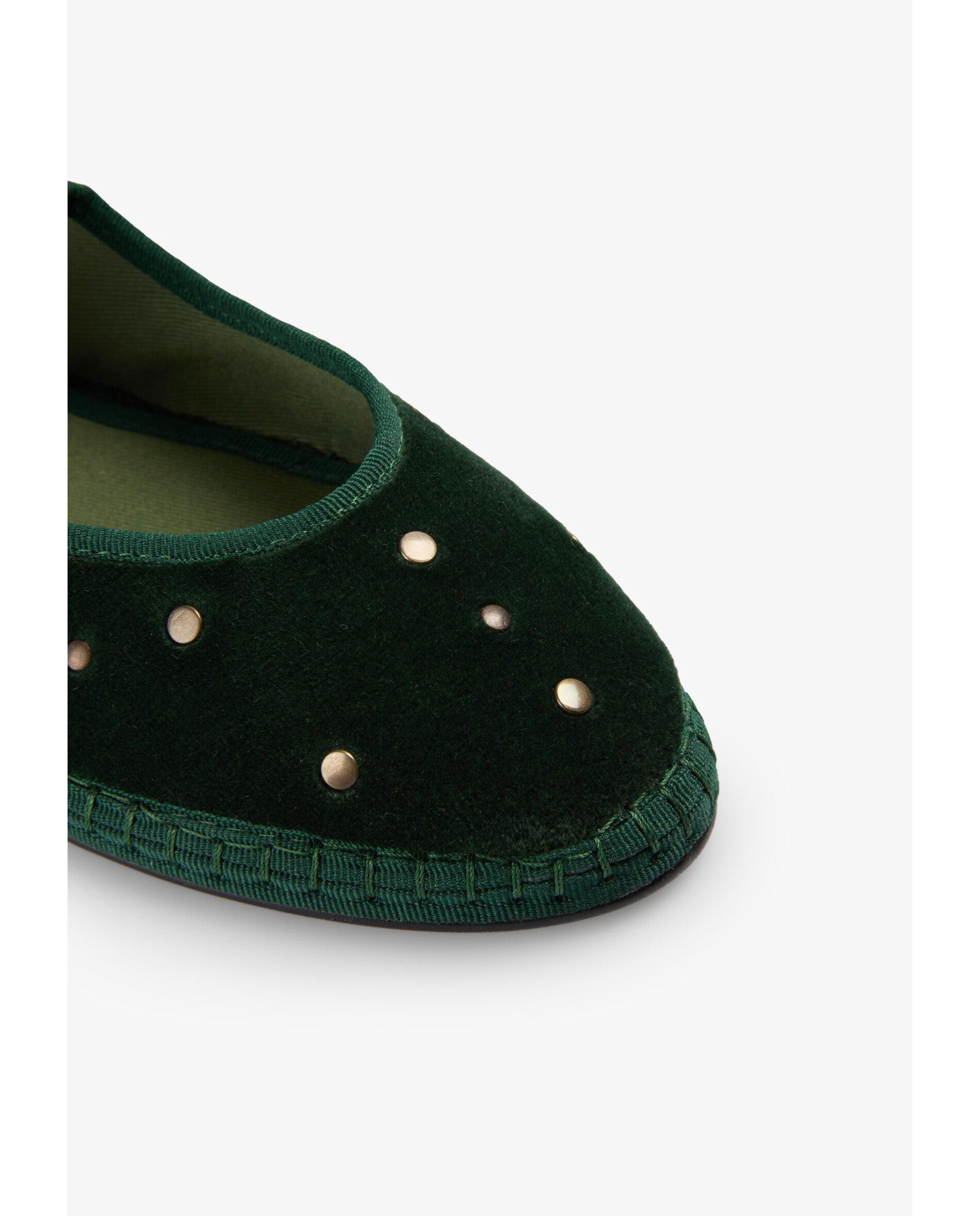 Sapatos de Presilha Rasos com Acabamento Aveludado e Tachas Metálicas Verde-escuro-5