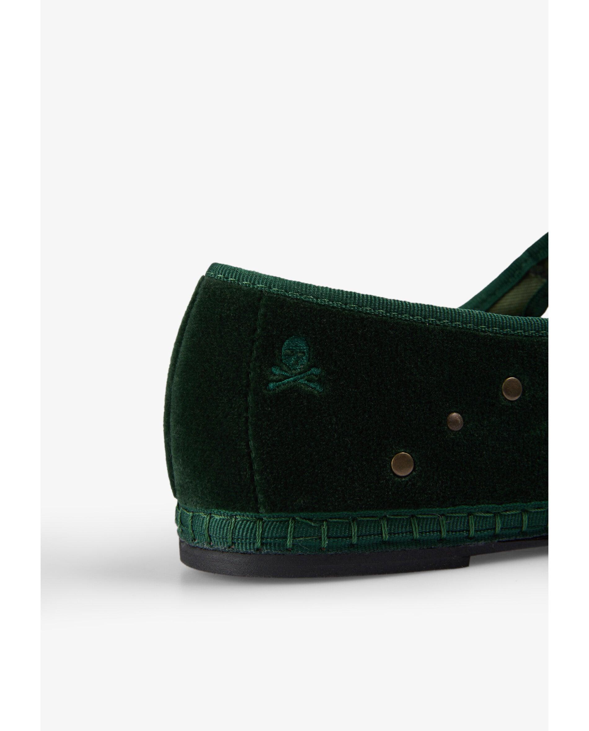 Sapatos de Presilha Rasos com Acabamento Aveludado e Tachas Metálicas Verde-escuro-6