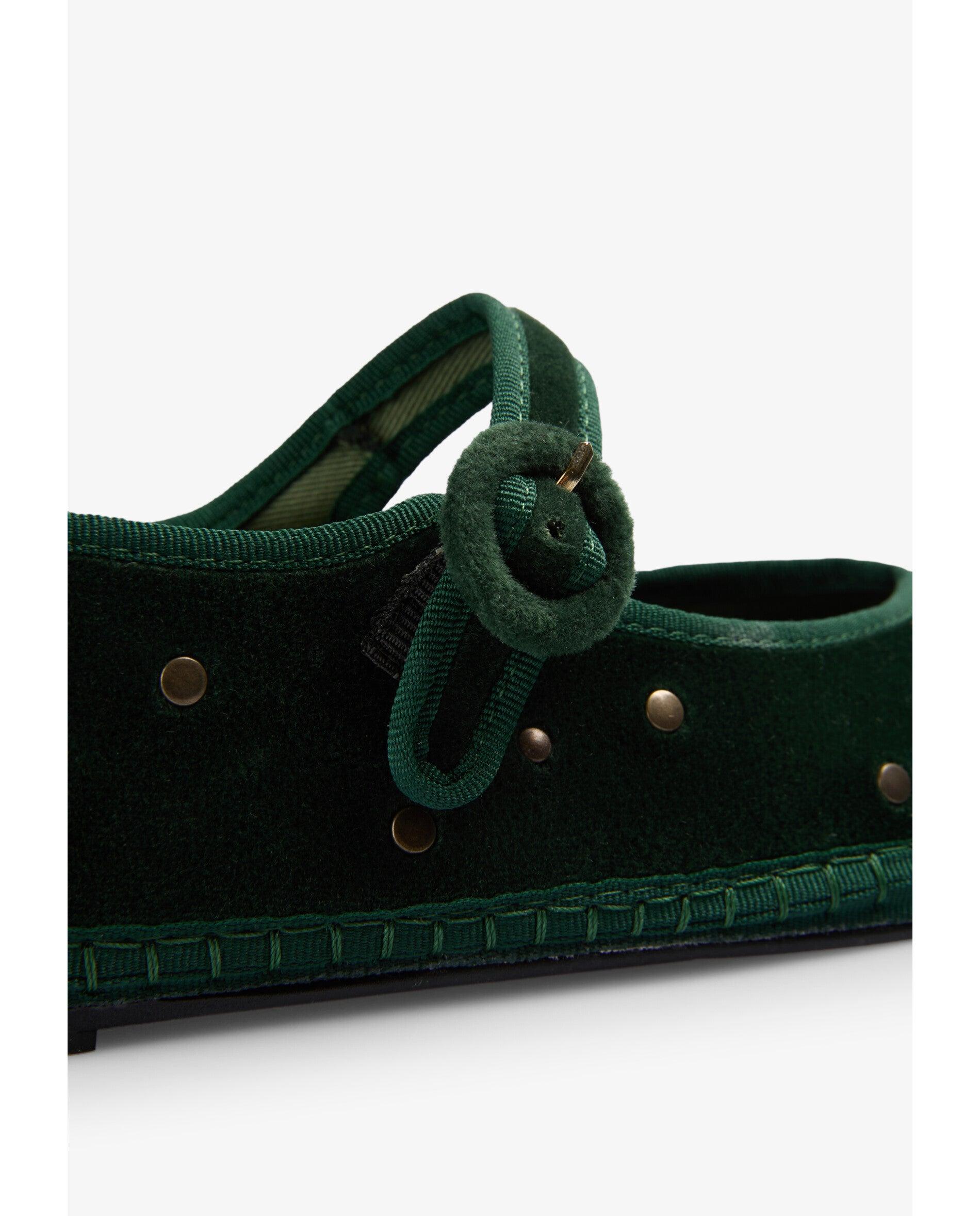 Sapatos de Presilha Rasos com Acabamento Aveludado e Tachas Metálicas Verde-escuro-7