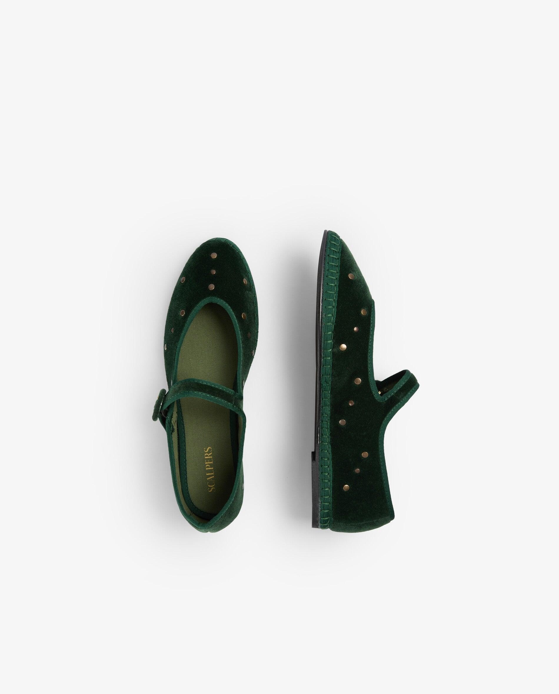 Sapatos de Presilha Rasos com Acabamento Aveludado e Tachas Metálicas Verde-escuro-8