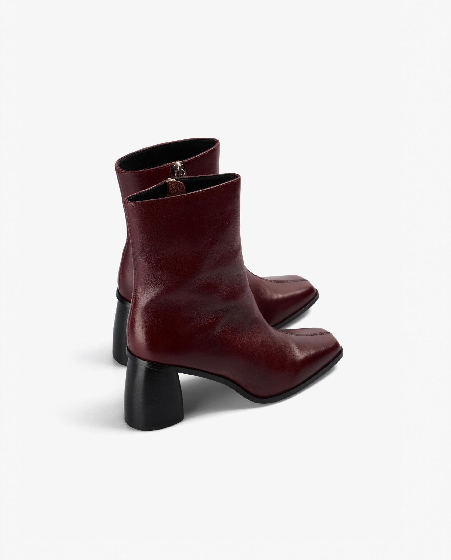 Botas Básicas de Pele com Biqueira Quadrada Bordeaux-3
