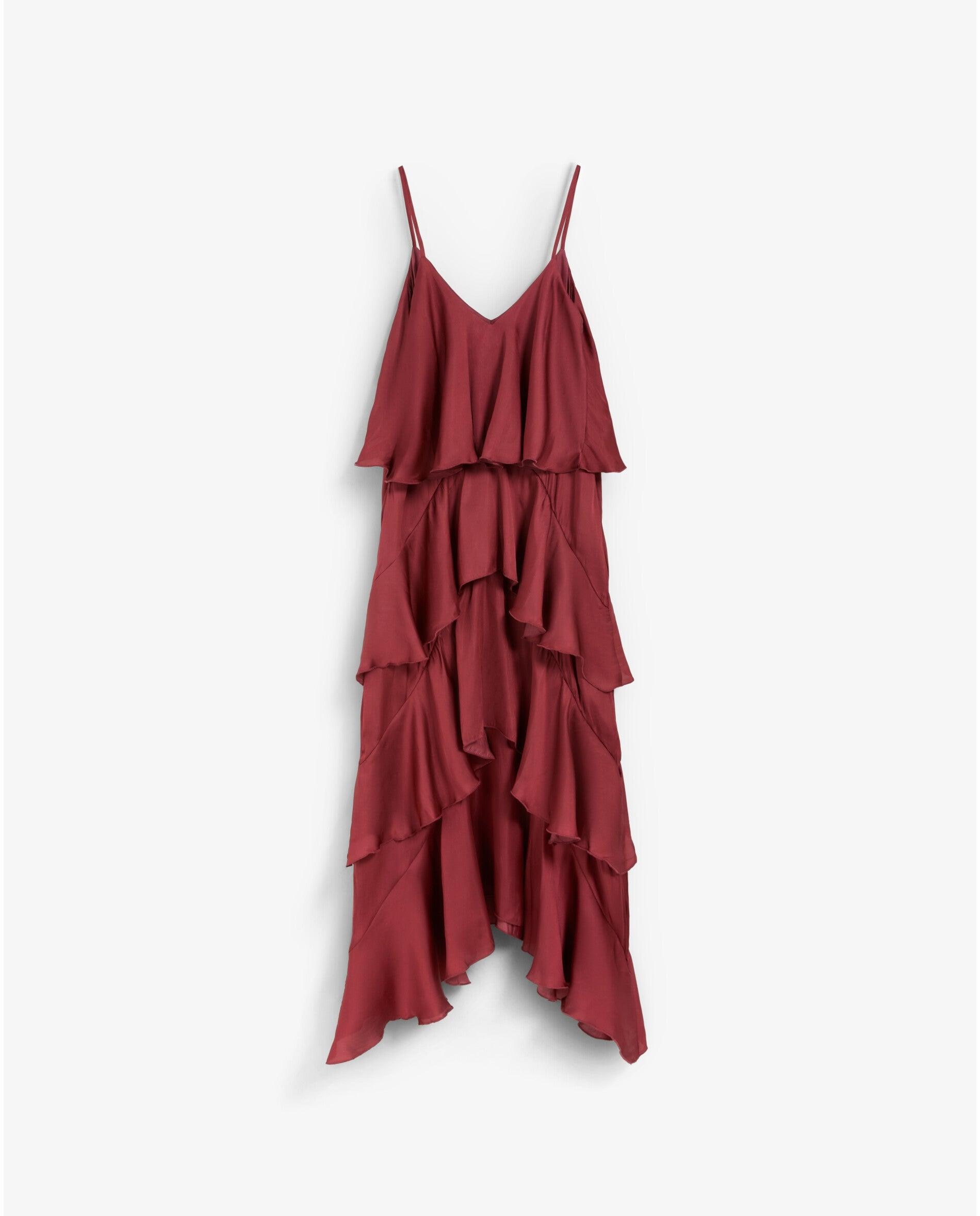 Vestido Comprido Interior com Folhos Vermelho-cereja-2