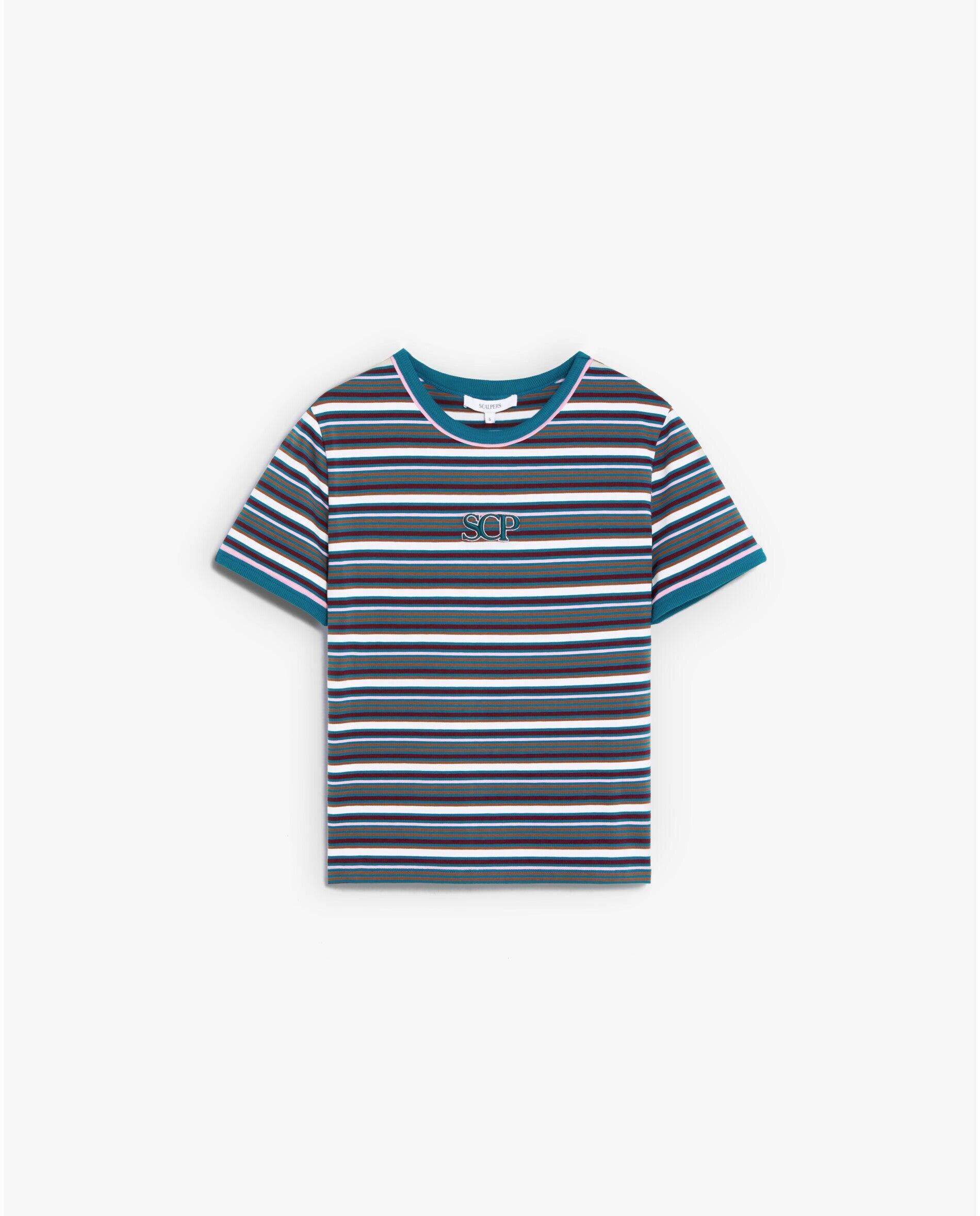 T-shirt de Algodão Elástico Às Riscas Multicolor-2