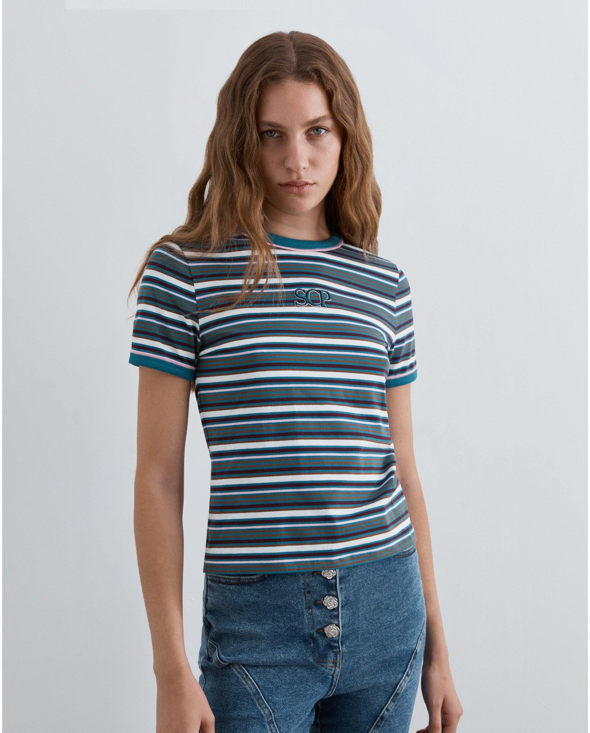 T-shirt de Algodão Elástico Às Riscas Multicolor-4